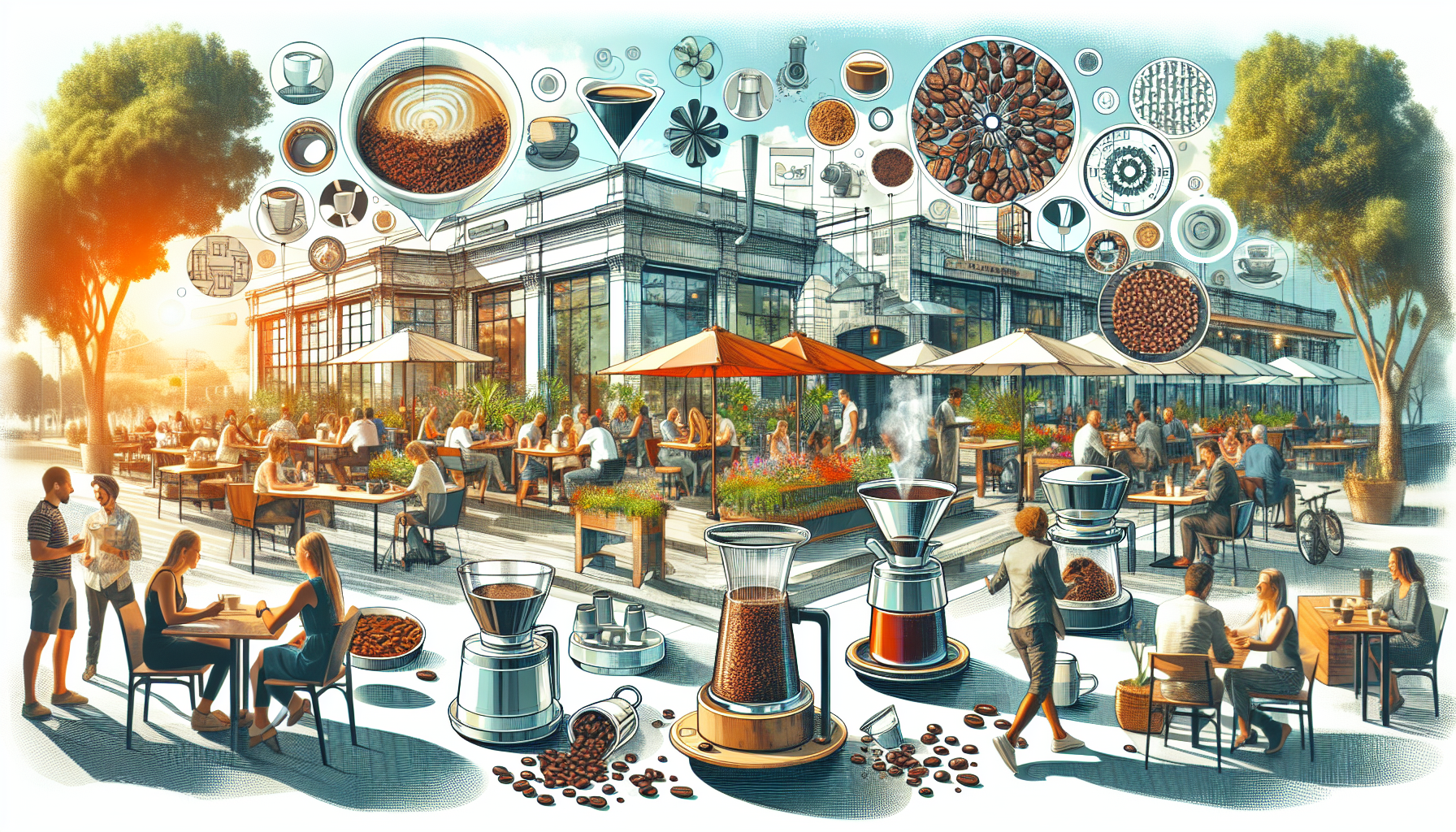 A vibrant outdoor café scene with people enjoying coffee at tables under umbrellas. In the foreground, two women converse at a table, while a man and a woman stand nearby holding coffee cups. Various coffee brewing equipment and beans are illustrated around the café, along with thought bubbles depicting different coffee types and preparation methods. The café, with large glass windows and greenery, is busy with patrons seated at tables, illuminated by warm sunlight.