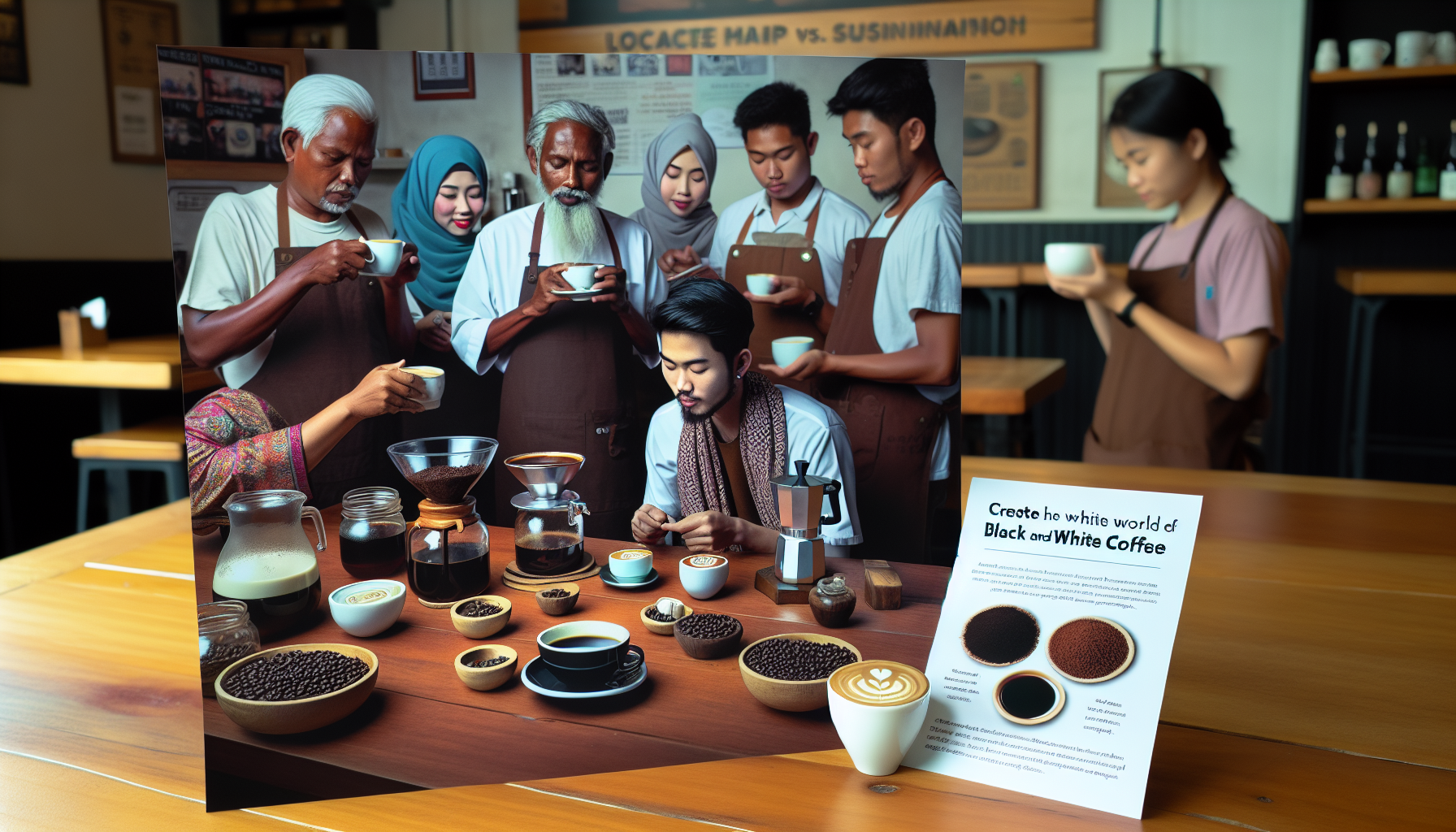 A diverse group of individuals in a coffee shop setting, focused on brewing coffee. A young man sits at a wooden table, looking at coffee grounds, while others stand nearby holding cups. Various coffee brewing equipment and jars filled with ingredients are arranged on the table. A printed sign promoting 