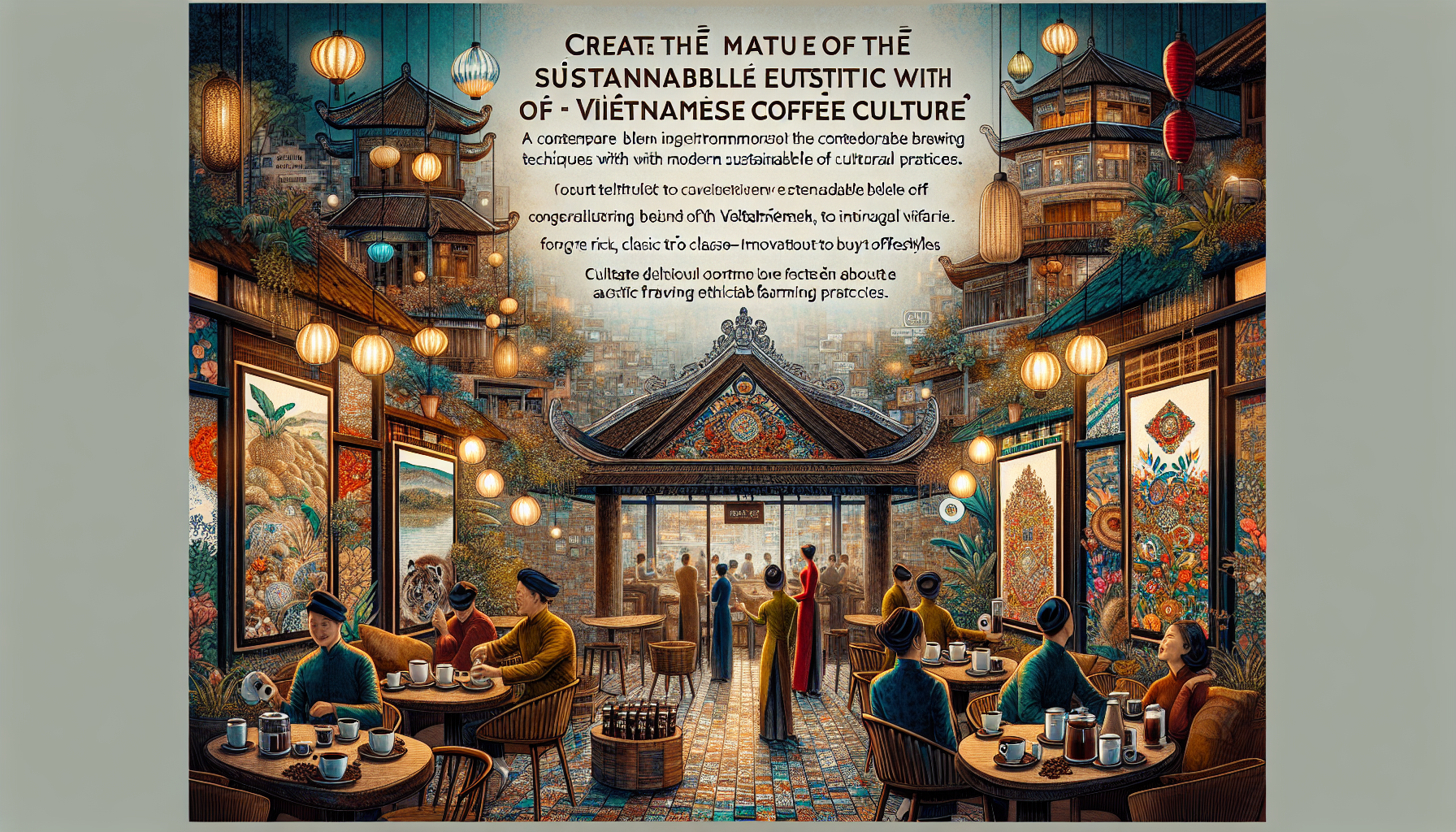 A vibrant coffee shop scene depicting patrons enjoying Vietnamese coffee, adorned with decorative lanterns and rich greenery. The interior features traditional architecture, artistic murals of landscapes, and various coffee brewing equipment on tables. People are engaged in conversation, showcasing a blend of cultural practices and sustainability themes in coffee culture.