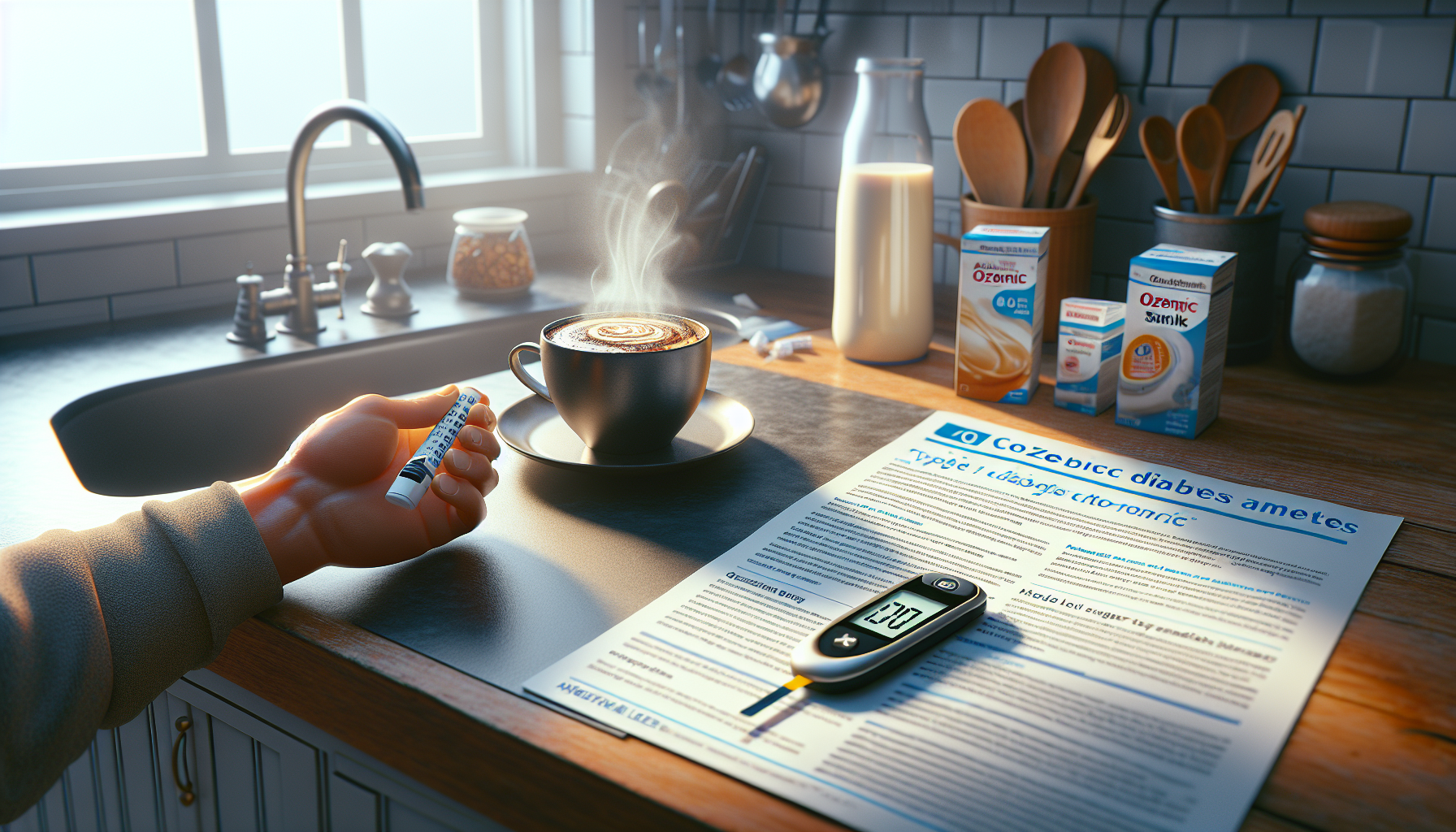 A hand holding a dosing pen is positioned near a steaming cup of coffee on a kitchen countertop. Next to the coffee, a medical pamphlet about diabetes management lies open, alongside a digital glucose meter displaying a reading of 120. In the background, there are various kitchen items including milk cartons and utensils. Light streams in through a window, illuminating the scene.