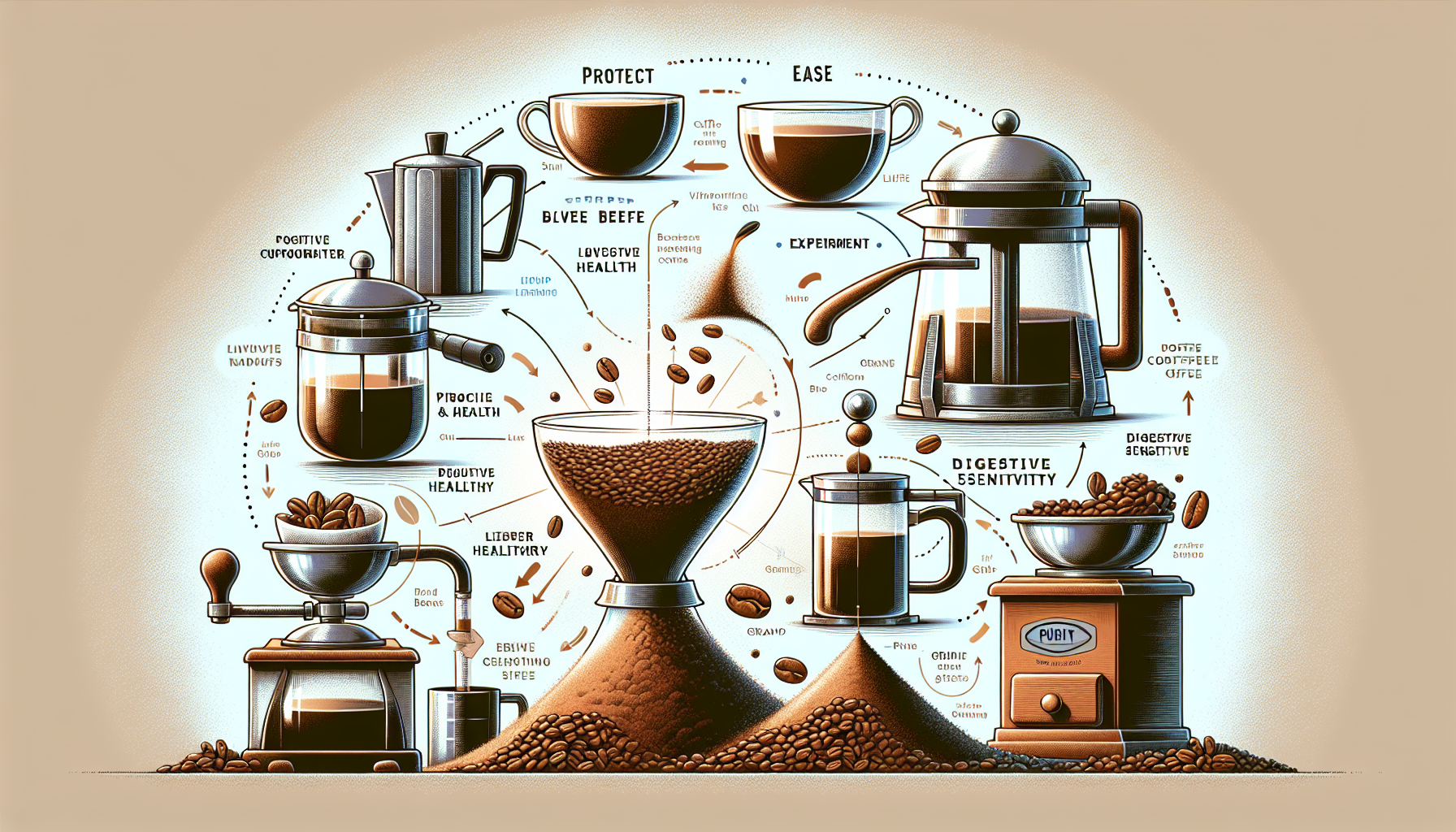 An illustrated infographic about coffee, featuring various brewing methods like French press and coffee grinder, surrounded by text highlighting health benefits such as digestive health and longevity. The image includes coffee beans, cups, and arrows connecting concepts related to coffee's effects on health and well-being.