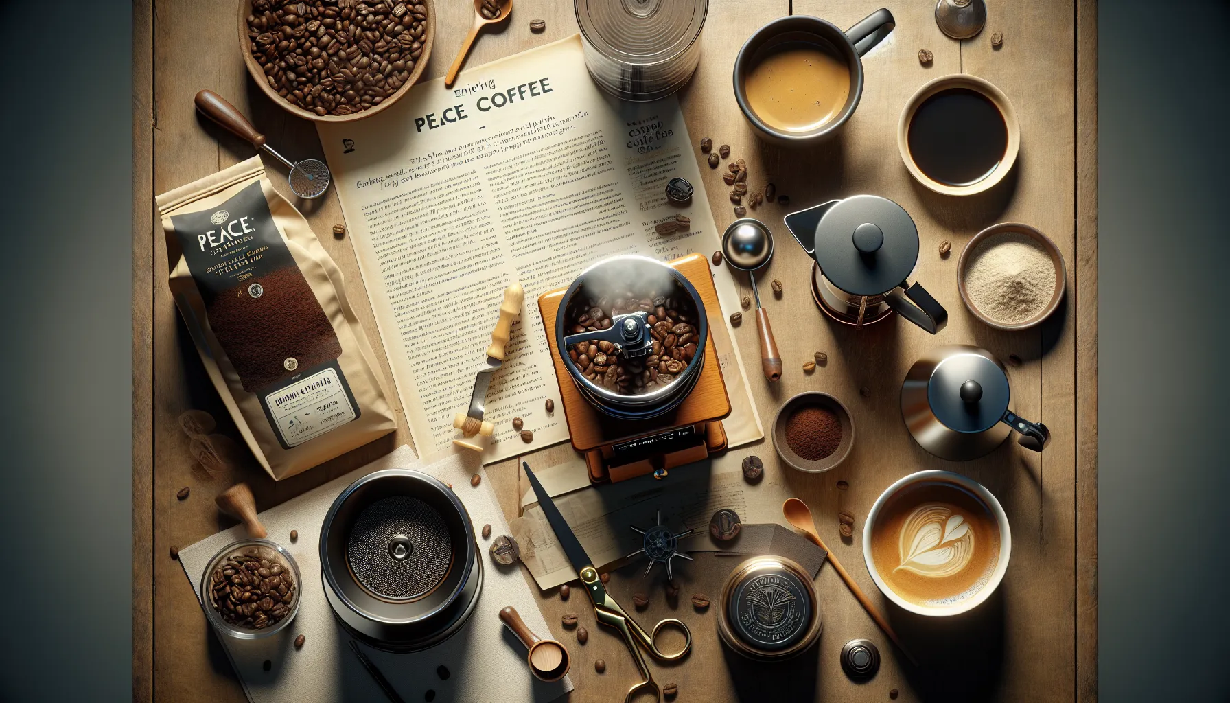 A beautifully arranged flat lay featuring coffee beans, a coffee grinder, various brewing tools, and a cup of latte art, emphasizing the theme of peace coffee.