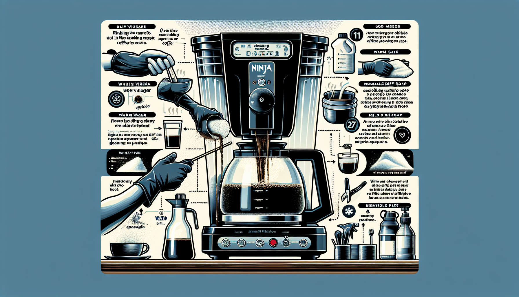 An illustrated guide on cleaning a Ninja coffee maker, featuring a coffee machine with a glass carafe filled with brewed coffee. The guide includes instructions on using various cleaning agents like white vinegar and warm water, alongside visual icons demonstrating the steps. There are hands wearing gloves pouring and measuring substances, with a wooden surface at the bottom displaying a coffee cup and cleaning tools. The background is a light blue color.