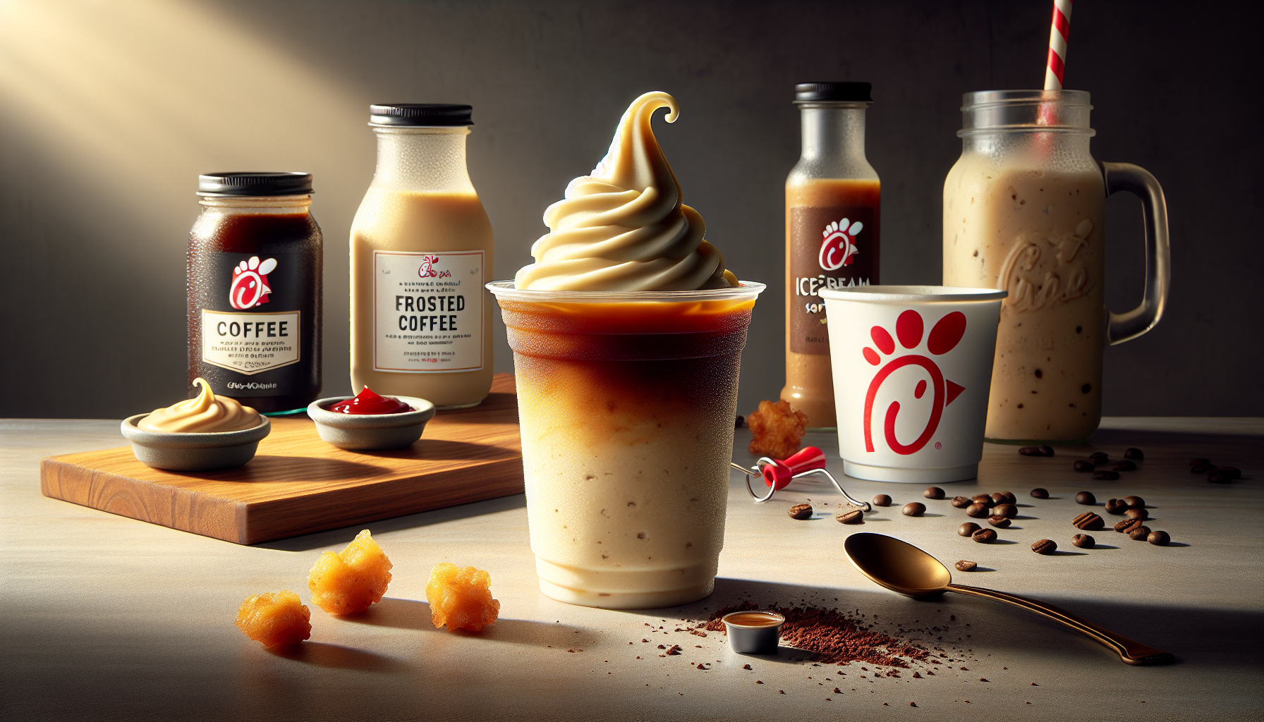 An artistic arrangement of various coffee beverages and desserts from a fast-food brand, featuring a frosted coffee cup topped with a swirl of soft-serve ice cream. Surrounding it are bottles of coffee and frosted coffee, a mason jar filled with iced coffee, and small bowls of syrup and whipped topping on a wooden board, with scattered coffee beans and cone-shaped dessert pieces on a textured surface.