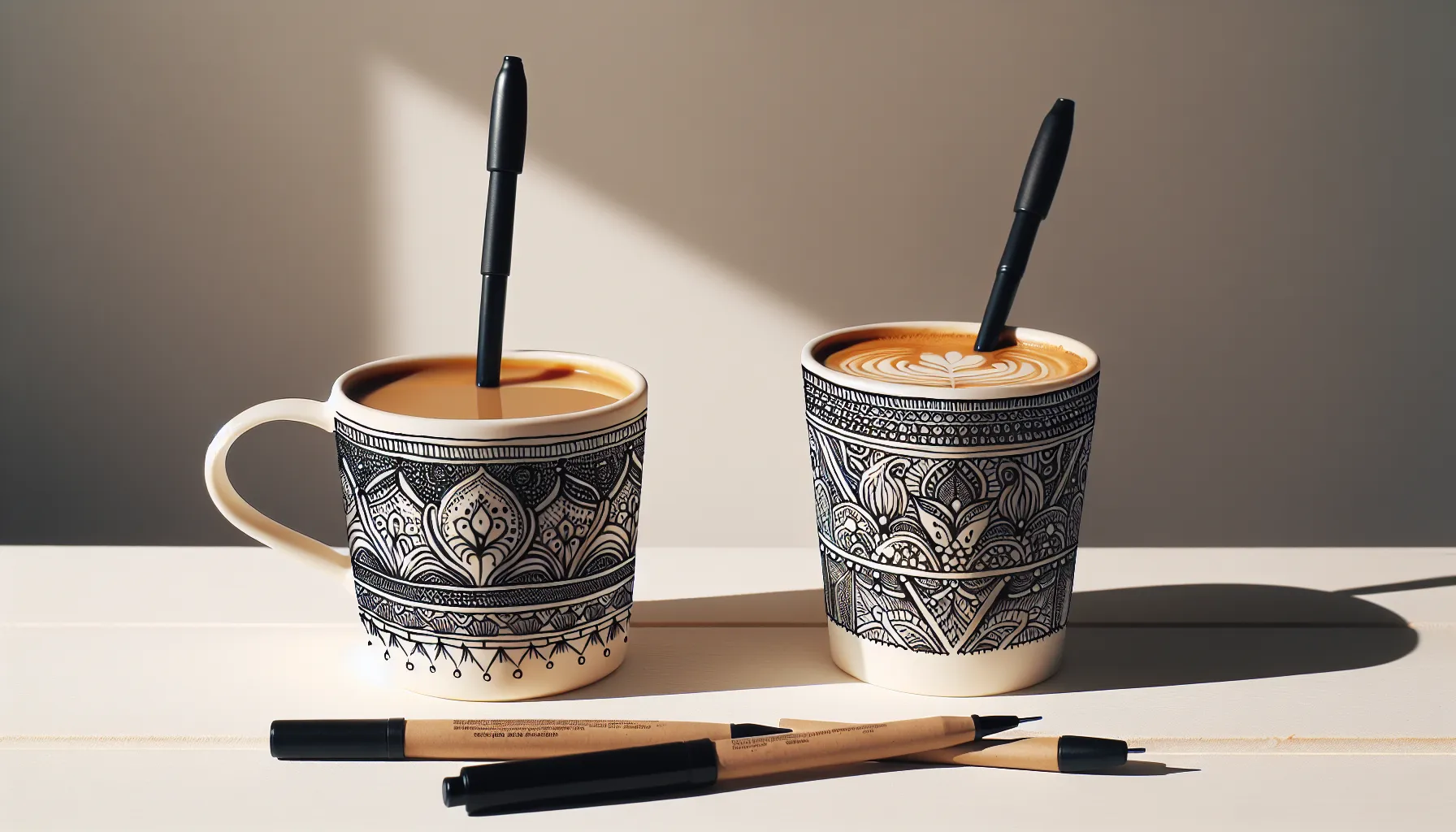 A stylish coffee cup drawing featuring intricate patterns and pens resting beside the cups.