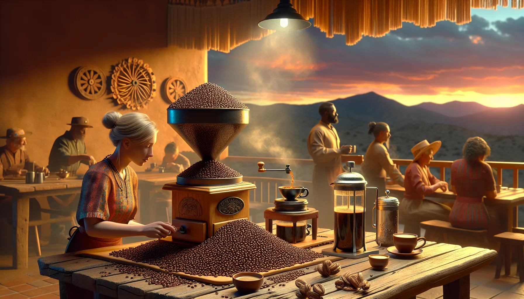 A woman in traditional attire grinds coffee beans at a wooden table, surrounded by a mountainous landscape at sunset. In the background, a group of people engage in conversation, while coffee brewing equipment and freshly ground coffee beans are prominently displayed on the table. The warm glow of the setting sun filters through the scene, casting a cozy ambiance.