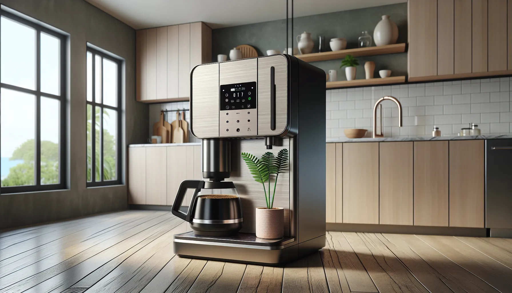 A beautiful coffee maker elegantly displayed in a modern kitchen, surrounded by stylish decor.