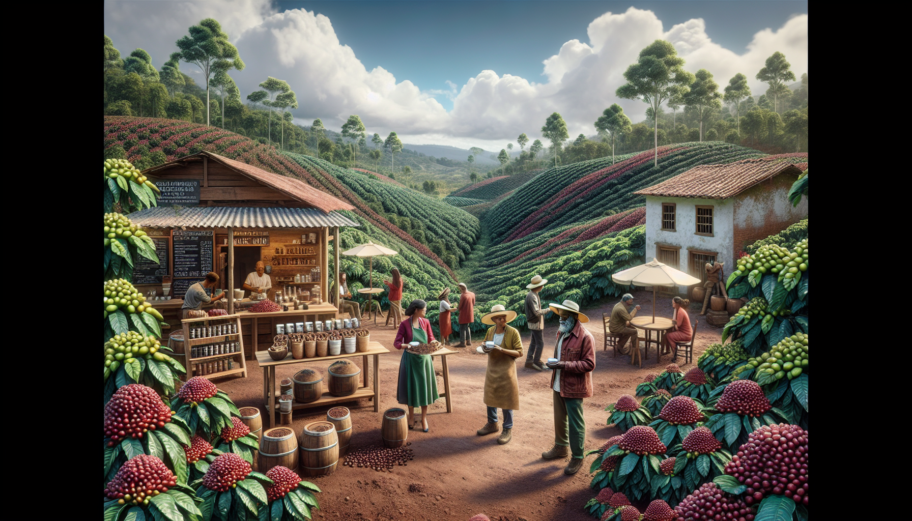 A vibrant coffee plantation scene featuring several workers engaged in various activities. In the foreground, a woman in a red apron holds coffee beans while conversing with two men, one holding a cup. Nearby, another woman serves coffee at a wooden table with two seated individuals. A rustic shop displays jars and bags of coffee products, surrounded by lush green coffee plants and rows of coffee beans in varying shades. The background showcases rolling hills under a partly cloudy sky.