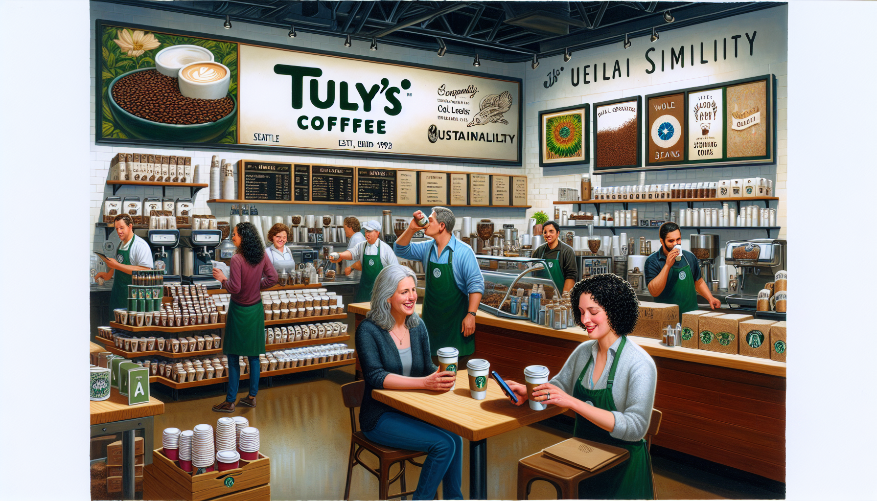 A busy coffee shop interior featuring a Tully's Coffee sign. Baristas in green aprons prepare drinks and serve customers. Two women at a table share coffee and use a smartphone. The shop is filled with coffee merchandise and displays, creating a lively atmosphere.