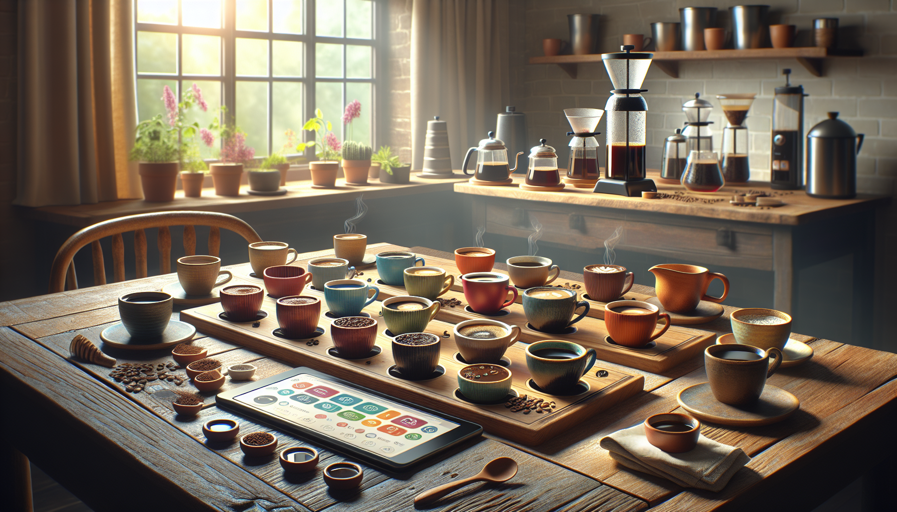 A cozy coffee tasting setup on a wooden table, featuring a variety of coffee cups in different colors and sizes, each filled with different coffee types. In the background, a well-lit kitchen area with potted plants on the windowsill and various coffee brewing equipment on the shelves. A tablet displaying icons related to coffee sits among the cups, alongside scattered coffee beans and a small dish. Steam rises gently from some of the cups, creating a warm atmosphere.