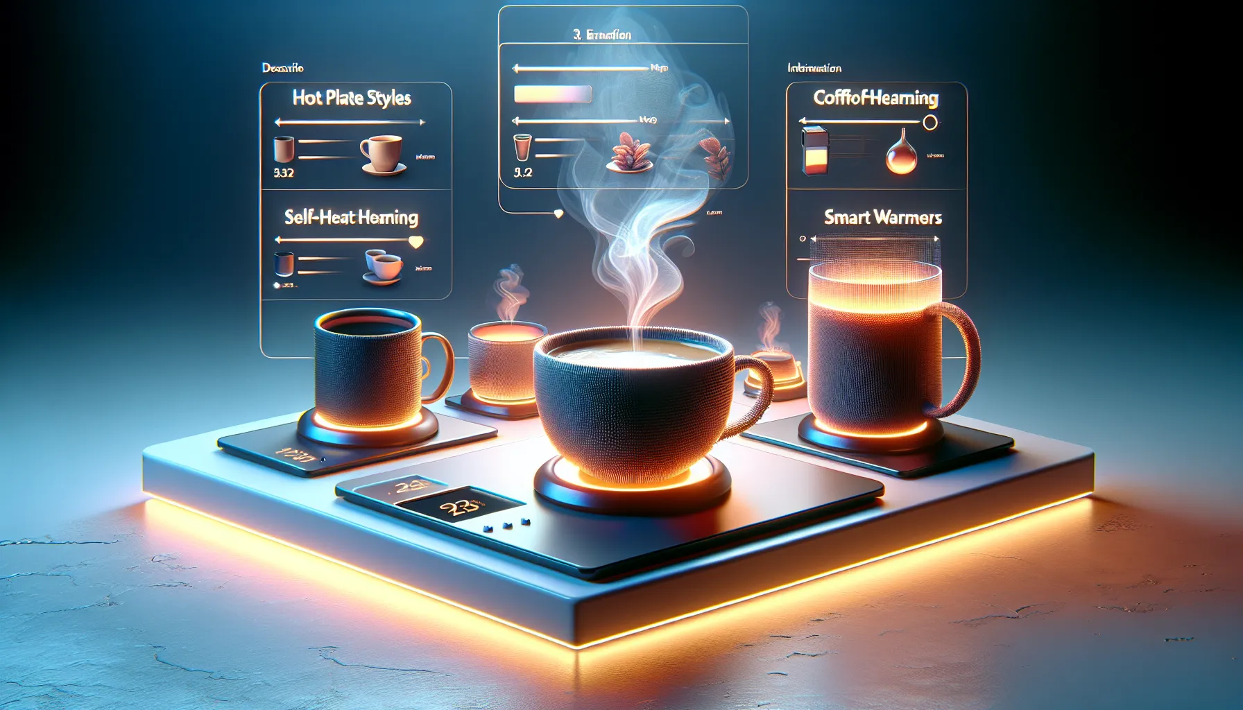 A stylish, futuristic coffee station featuring four steaming cups on illuminated hot plates, with digital displays showing options for hot plate styles, self-heat, extraction levels, and smart warming features. The scene is set against a dark, gradient background.