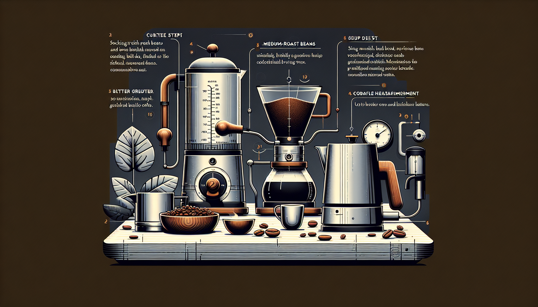 An illustrated coffee brewing setup featuring various equipment, including a grinder, blender, coffee maker, and kettle. The arrangement includes coffee beans in a bowl, a cup, and detailed annotations on the brewing process. The background is dark, emphasizing the metallic and wooden elements of the tools.