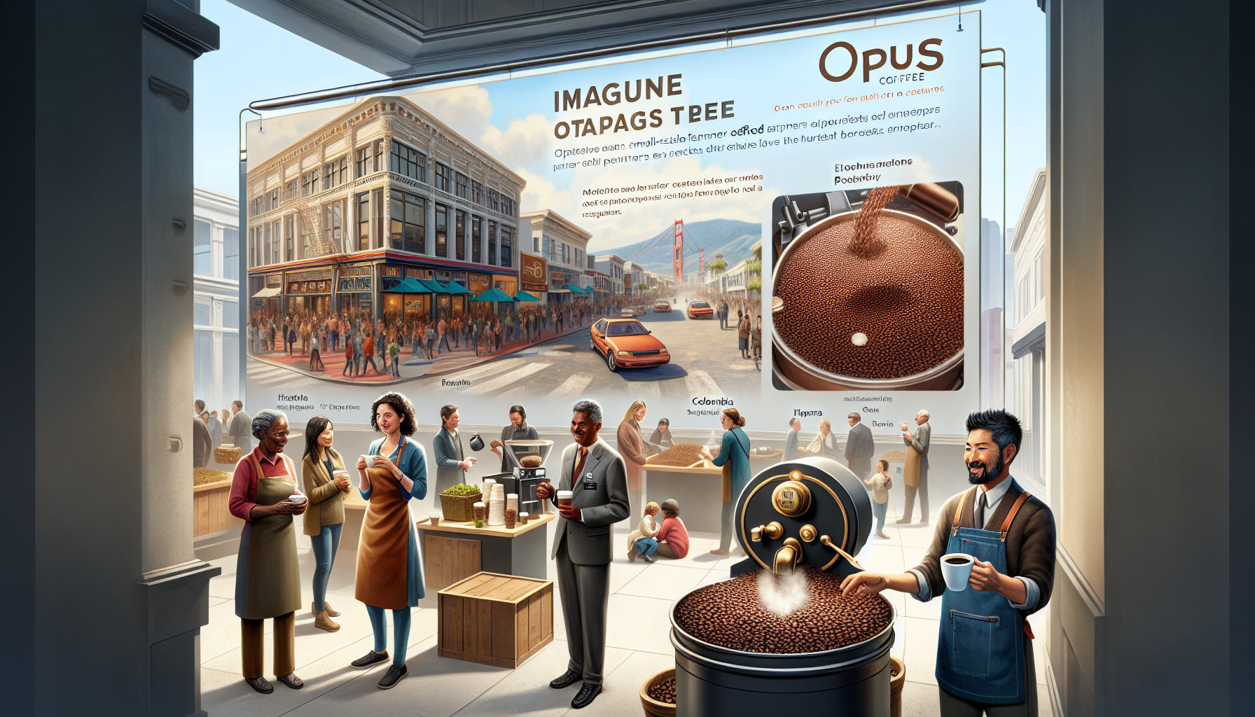 A bustling coffee shop scene featuring diverse individuals engaged in discussions and activities related to coffee. A large advertisement for Opus Coffee is prominently displayed, showcasing coffee beans and their origins. In the foreground, a man in an apron holds a cup of coffee, while others are seen brewing and serving coffee, and a multi-colored car drives by outside. The atmosphere is lively and welcoming.