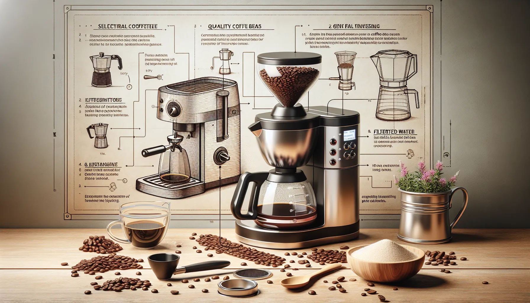 A Capresso coffee maker is showcased with coffee beans and brewing accessories on a wooden table.