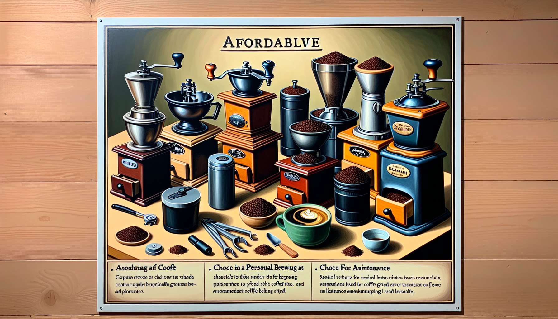 A vintage-style illustration featuring various coffee grinders, canisters, and tools, with labels describing options for coffee grinding and brewing. The background includes wood paneling, and the text is organized into three sections: 