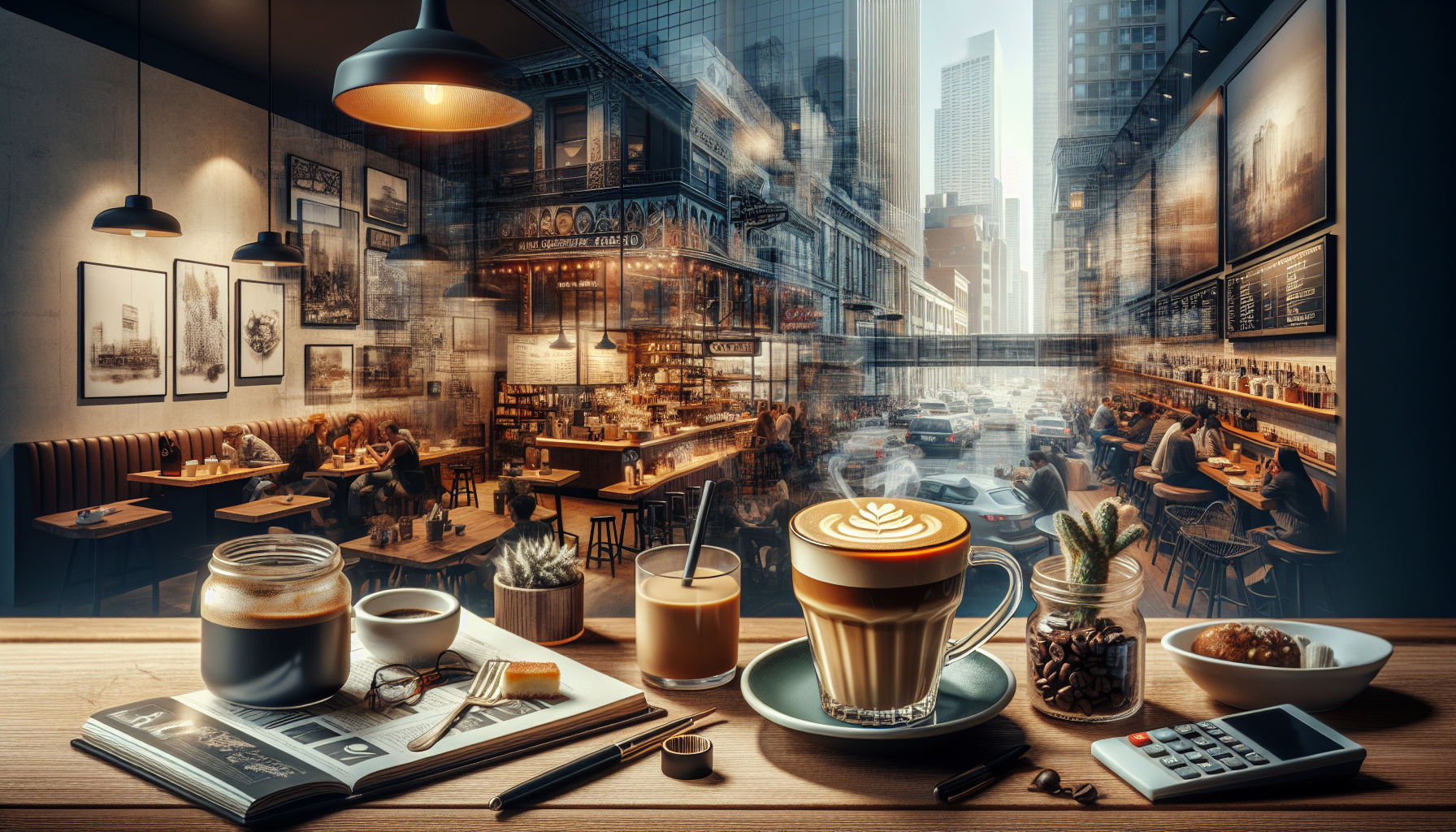 A cozy café scene featuring a table with a latte art coffee, a glass of iced coffee, a newspaper, and a small potted plant. In the background, the café is bustling with patrons and large windows reveal a city street filled with cars and buildings. Hanging lights add warmth to the inviting atmosphere.