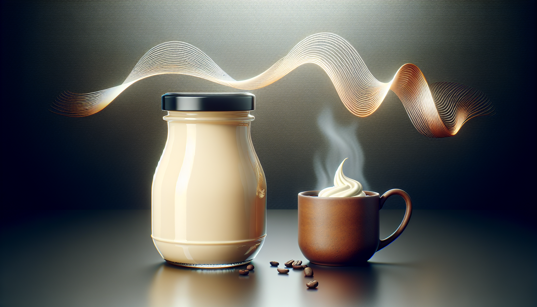 A glass jar of creamy beverage is placed next to a steaming cup of coffee topped with foam, with coffee beans scattered nearby. Above, a flowing wave design suggests warmth and aroma, set against a dark textured background.