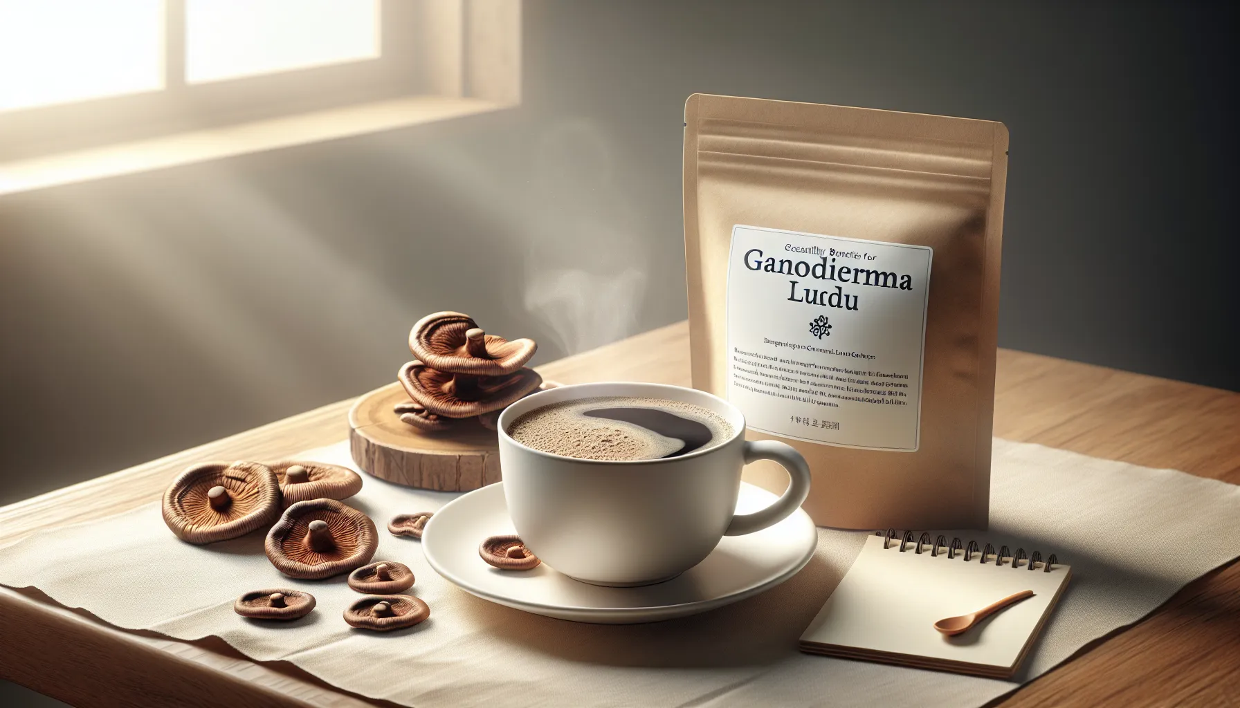 A cup of steaming ganoderma coffee beside a packet and decorative mushroom slices on a table.