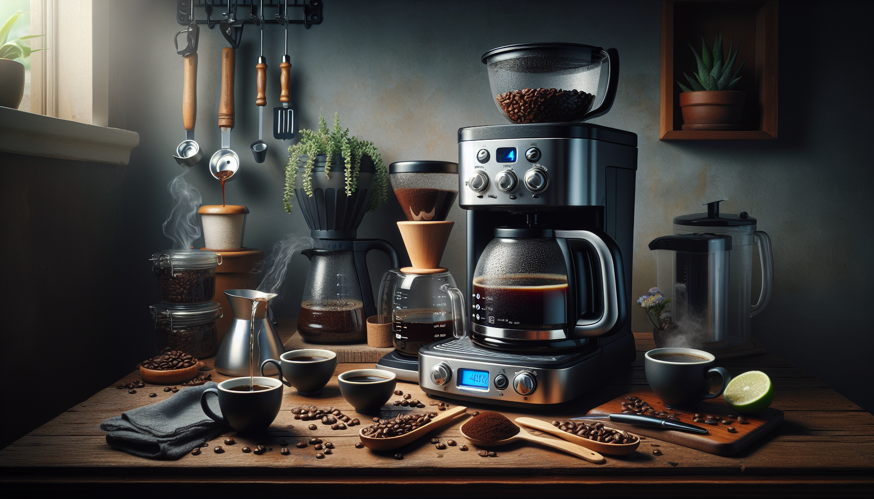 A cozy coffee setup featuring a stylish drip coffee maker, various brewing tools, and freshly brewed cups of coffee on a wooden countertop. Coffee beans are scattered around, with additional brewing equipment like a French press and a pour-over setup in the background. A small plant adds a touch of greenery, and a lime sits next to one of the coffee cups, enhancing the inviting atmosphere.