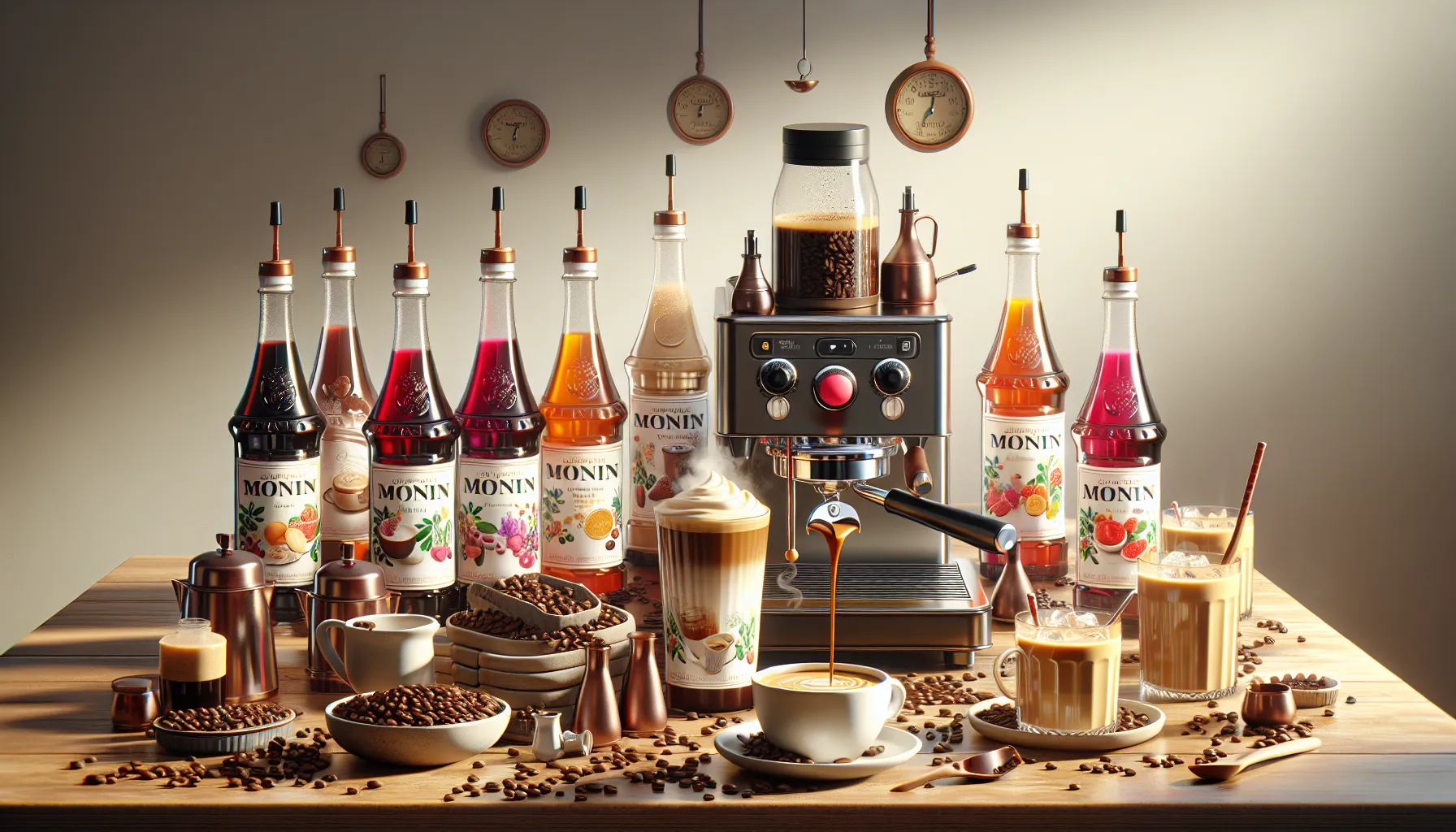 A well-arranged coffee station featuring a sleek espresso machine surrounded by various Monin flavored syrup bottles in vibrant colors. In the foreground, a steaming cup of coffee is being filled, alongside an iced coffee drink and a creamy latte. Coffee beans scatter across the wooden table alongside small cups and a kettle, creating an inviting coffee shop atmosphere.