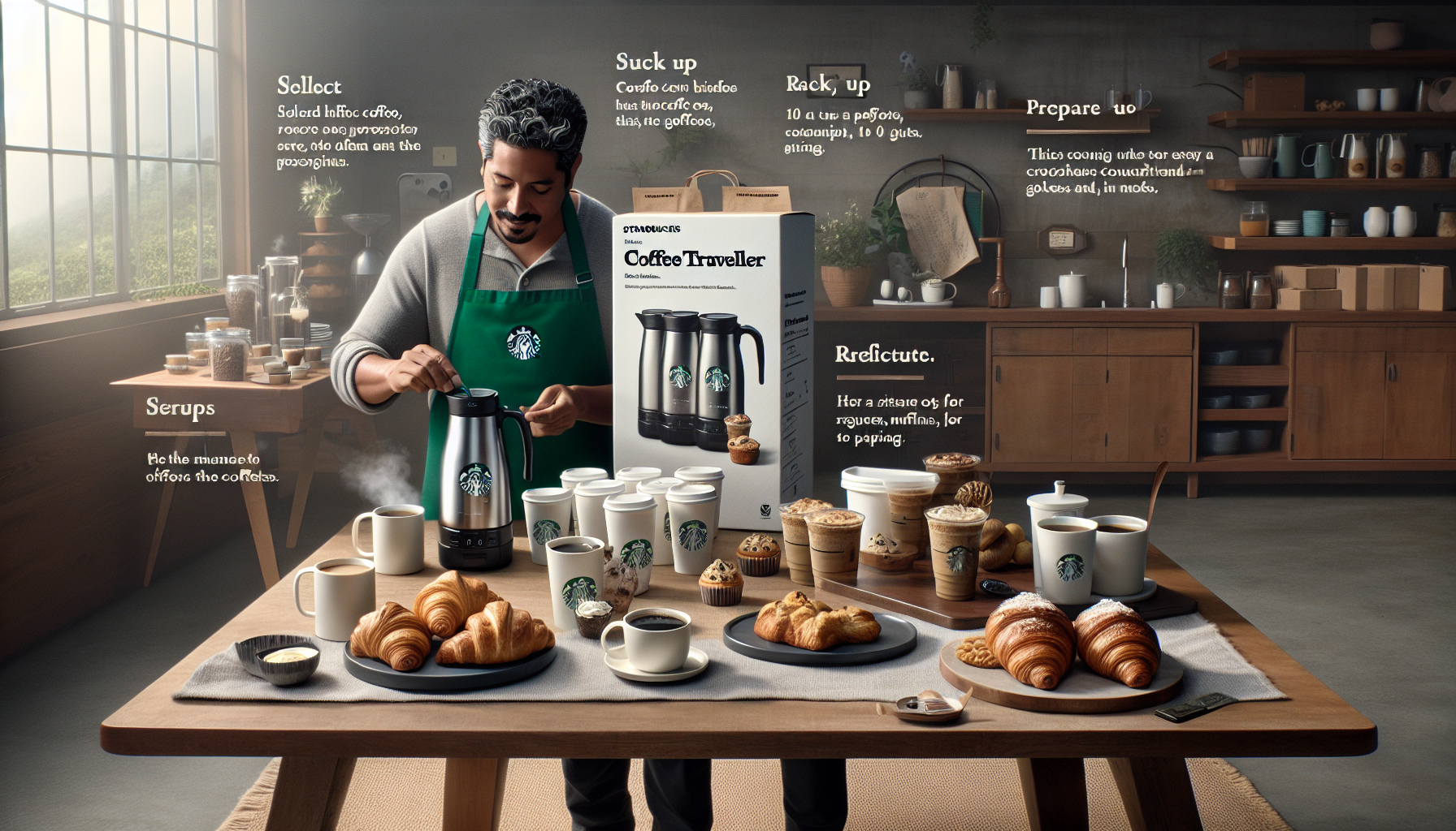 A barista in a green apron prepares coffee in a rustic kitchen setting, surrounded by an array of coffee cups, pastries, and a coffee traveler box. The table displays various coffee drinks, croissants, and muffins, while text highlights instructions for serving and preparation methods. Natural light filters in through a window, adding warmth to the scene.