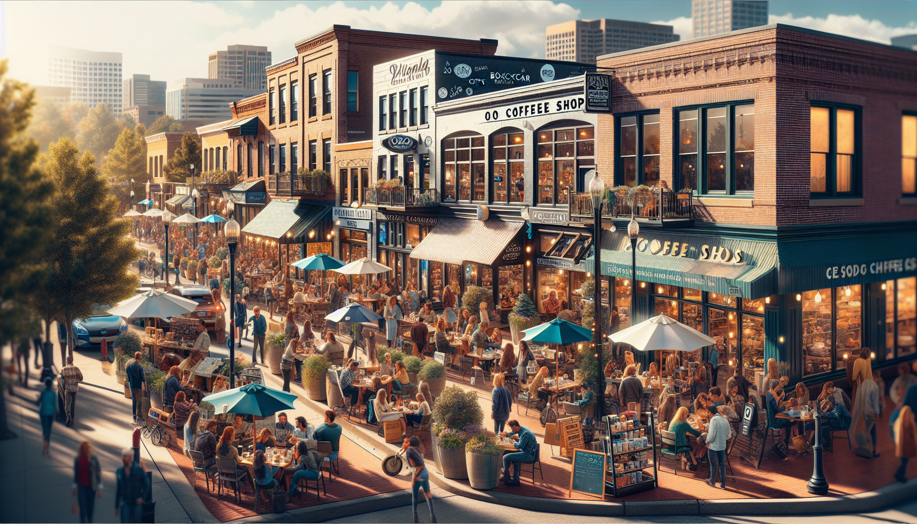 A bustling outdoor street scene featuring a variety of cafes and restaurants filled with patrons dining at tables under umbrellas. The buildings are styled with brick facades and illuminated signage, while trees and planters add greenery. People are seen socializing, browsing a market stand, and walking along the sidewalk, with a city skyline in the background.