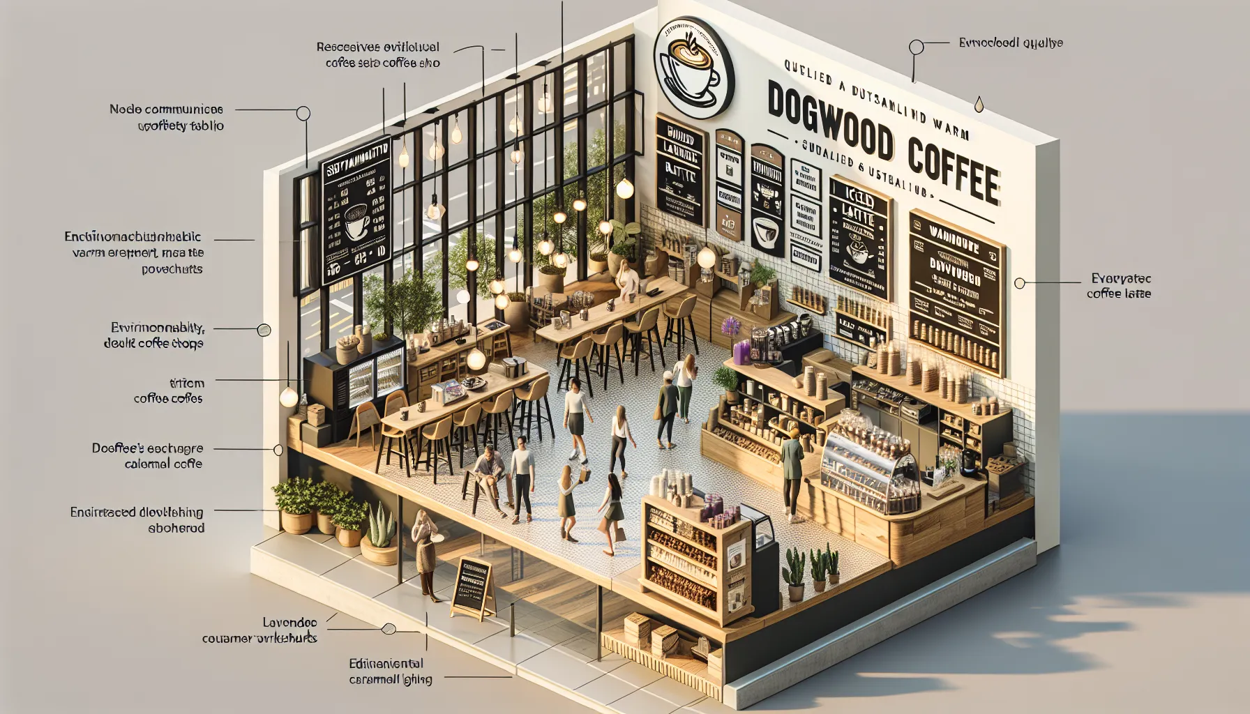 An illustrated interior view of a coffee shop named 