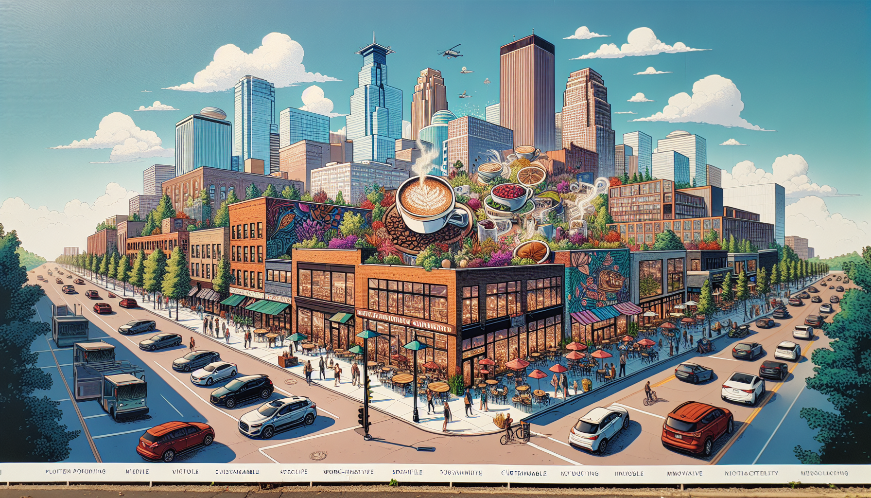 A vibrant cityscape illustration featuring multi-story buildings adorned with greenery and art. In the foreground, there are outdoor cafés with people dining, and a busy street with cars and cyclists. Above, steam rises from large coffee cups and various food items, suggesting a lively urban atmosphere against a clear blue sky with scattered clouds and distant skyscrapers.