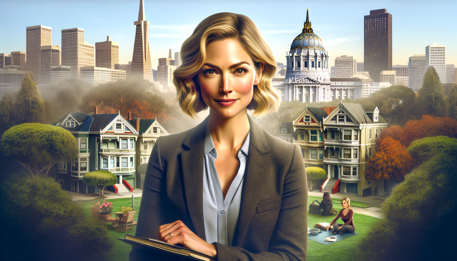 A confident woman with wavy blonde hair, dressed in a grey blazer, stands in the foreground holding a clipboard, set against a vibrant cityscape of San Francisco. Classic Victorian-style houses are visible nearby, with trees and a park-like setting. In the background, notable city landmarks, including a dome-topped building and skyscrapers, dominate the skyline, all bathed in warm sunlight.