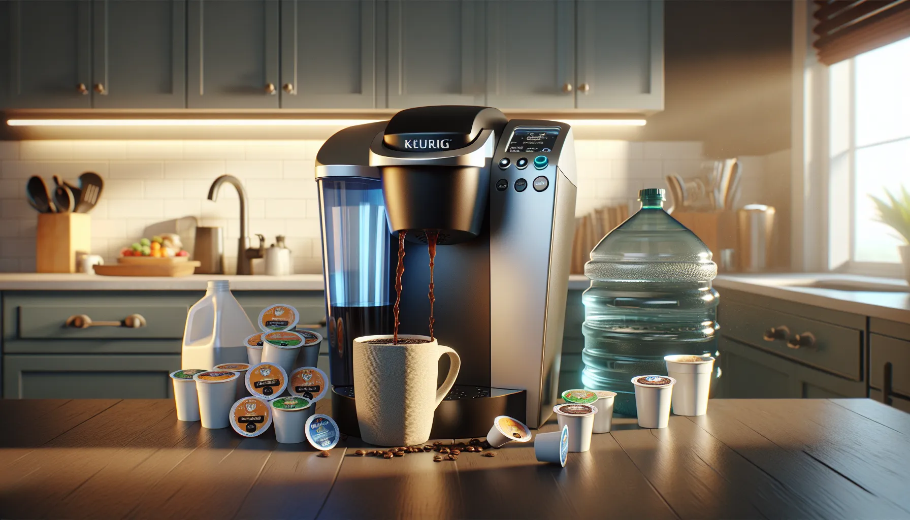 A Keurig 2.0 coffee maker brews coffee into a cream-colored mug surrounded by multiple coffee pods and a water bottle in a modern kitchen.