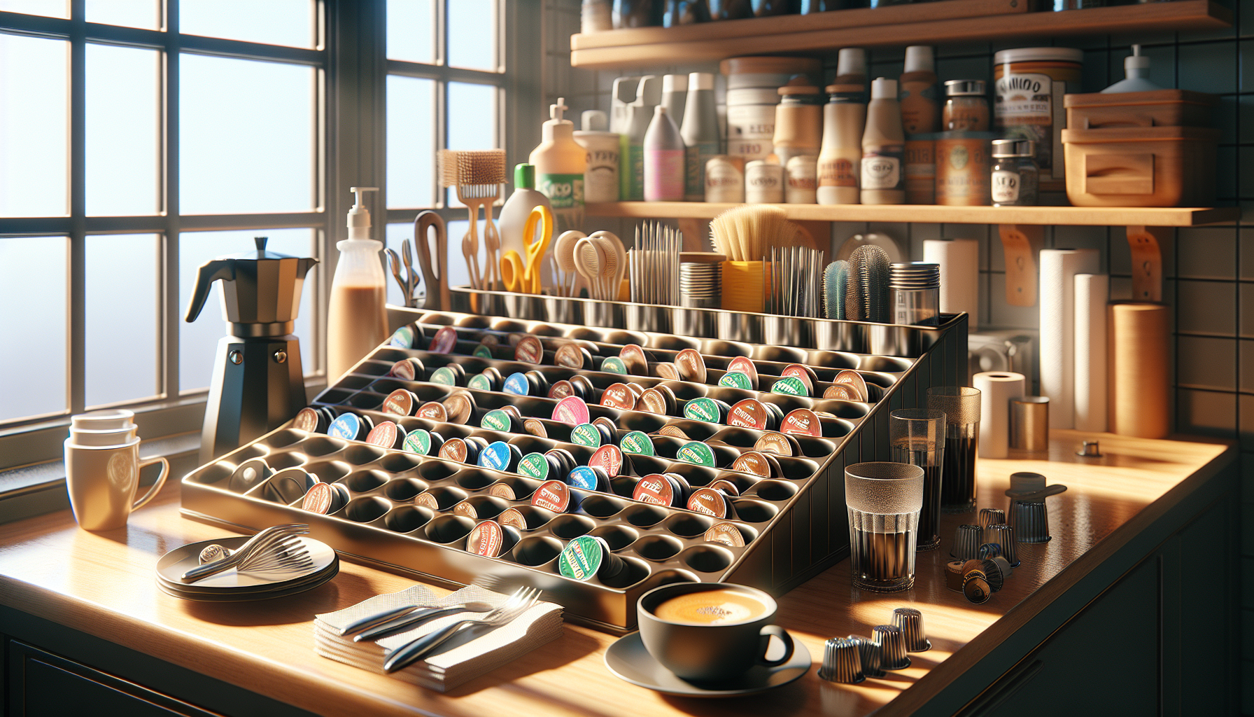 A well-organized kitchen counter featuring a large display of colorful coffee pods in a metallic rack, a black coffee cup, surrounded by utensils, glassware, and various kitchen supplies, illuminated by natural light coming through a window.