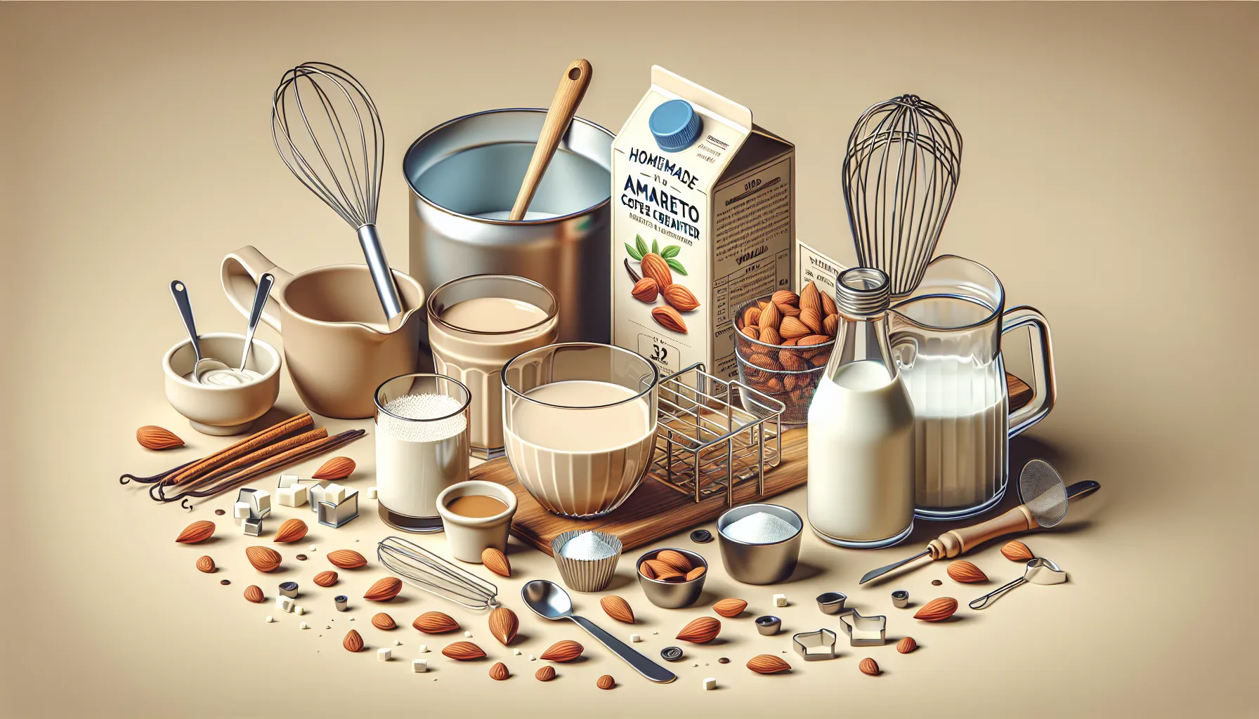 An assortment of baking ingredients and tools, including a whisk, measuring cups, almond milk carton, glasses of milk and cream, bowls of almonds, cinnamon sticks, sugar cubes, and various small utensils, arranged on a wooden surface with almonds scattered around.