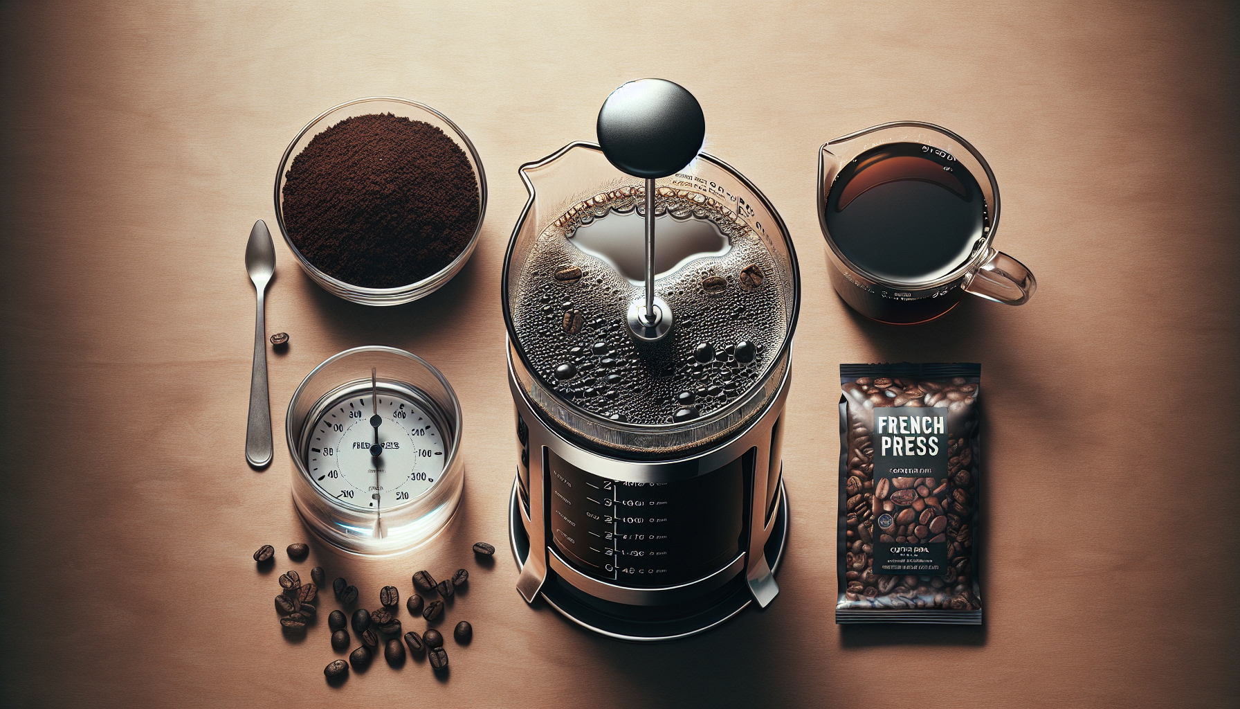 An overhead view of a French press coffee setup, featuring a filled French press with coffee, a bowl of ground coffee, and a measuring scale. Nearby, there are coffee beans scattered around, a measuring cup with brewed coffee, and a packaged coffee labeled 