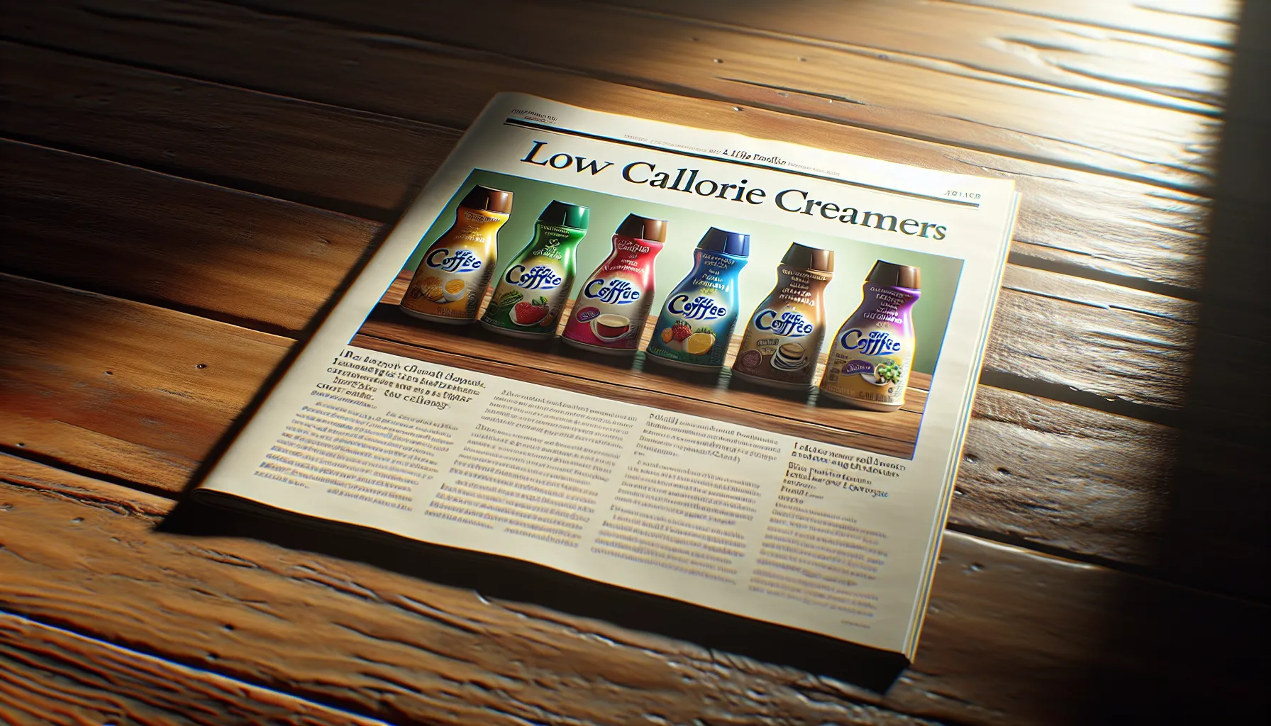 A newspaper showcasing various low calorie coffee creamer options on a wooden surface.