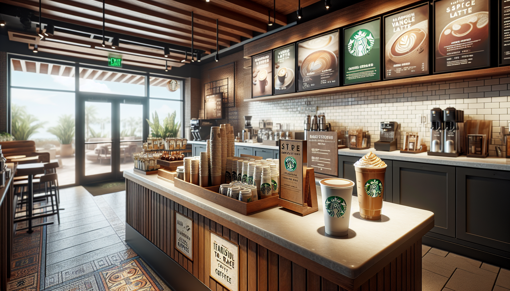 A brightly lit Starbucks interior featuring a wooden counter displaying two coffee cups, one hot and one iced, decorated with the Starbucks logo. The background includes a menu board with various drinks, shelves with coffee equipment, and large glass doors leading to an outdoor area with plants.