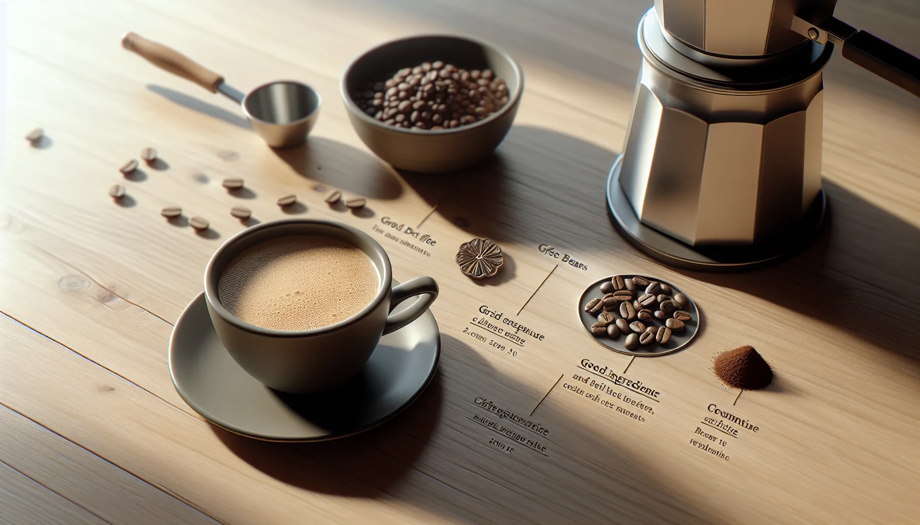 A coffee cup sits on a wooden table alongside coffee beans, a measuring scoop, and a stovetop coffee maker, highlighting steps on how to make coffee.