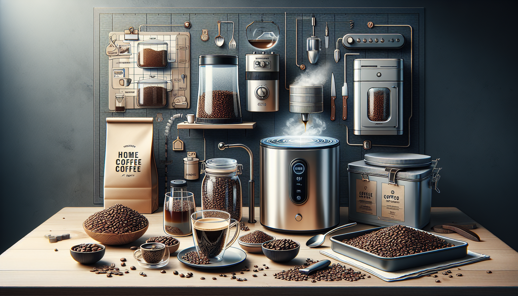 A beautifully arranged coffee station featuring various tools and ingredients for brewing coffee. There are bags of coffee beans, glass jars filled with beans, and an elegant coffee maker in use, emitting steam. A mug of brewed coffee and a small cup are placed on a wooden table alongside bowls of coffee beans and a tray. The background showcases a stylish wall-mounted organizer with kitchen utensils and equipment related to coffee preparation.