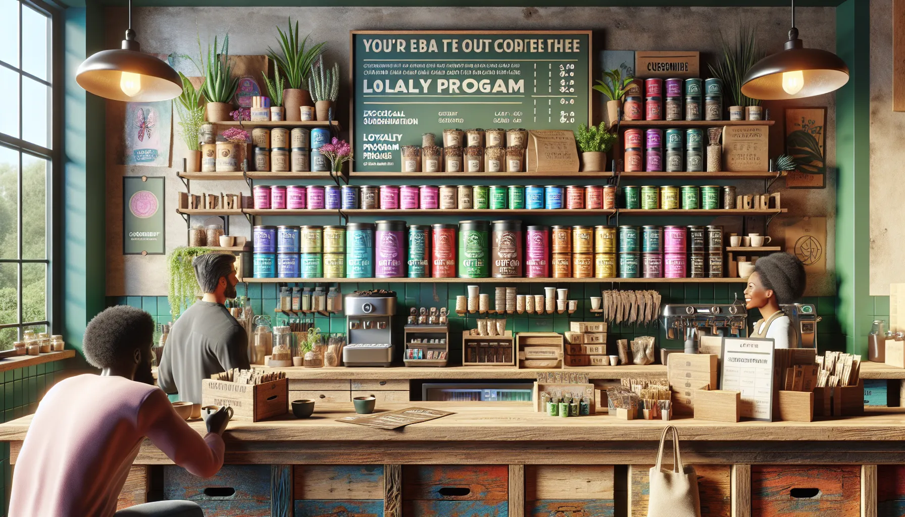 A cozy coffee shop interior featuring a wooden counter cluttered with various coffee supplies and menus. The back wall is decorated with colorful shelves filled with jars and cans of coffee, plants, and signage promoting loyalty programs. A barista with an afro hairstyle smiles while operating an espresso machine, while a customer sits at the counter. Large windows let in natural light, enhancing the inviting atmosphere.