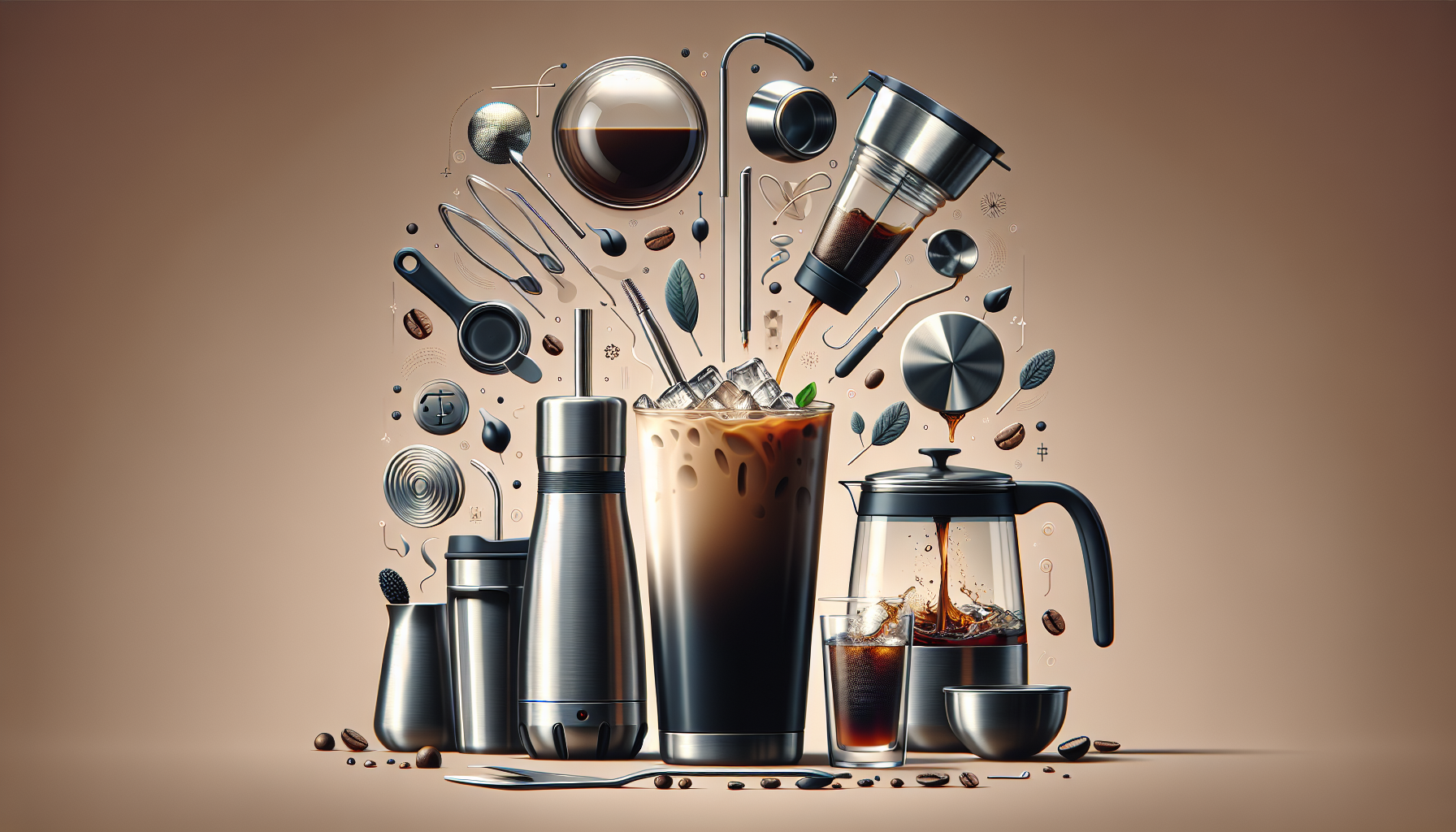 An artistic arrangement featuring a tall glass of iced coffee, surrounded by various coffee-making tools including a French press, a stainless steel thermos, measuring spoons, coffee beans, leaves, and a filter, all visually exploding from the center in a dynamic display. The background is a smooth, warm brown, enhancing the coffee theme.