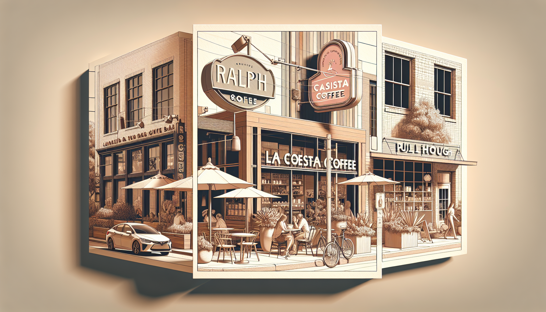 A stylized illustration of a vibrant city street featuring three coffee shops: 