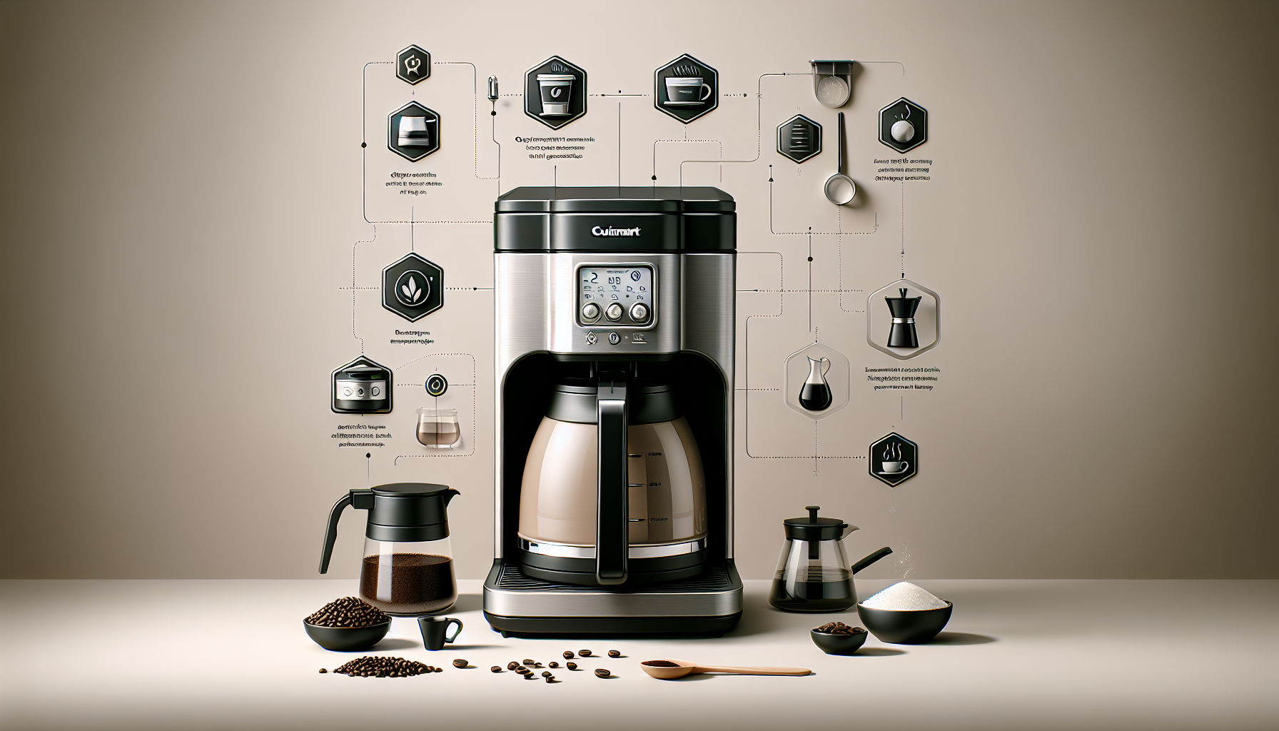 A modern coffee maker sits prominently on a minimalist countertop, accompanied by various coffee accessories including a glass carafe, a measuring spoon, a small bowl of coffee beans, and a sugar bowl. Behind the coffee maker, there are graphic icons and flowcharts illustrating the coffee brewing process, highlighting different methods and equipment for making coffee. The overall color palette is neutral, enhancing the sleek design of the coffee maker.