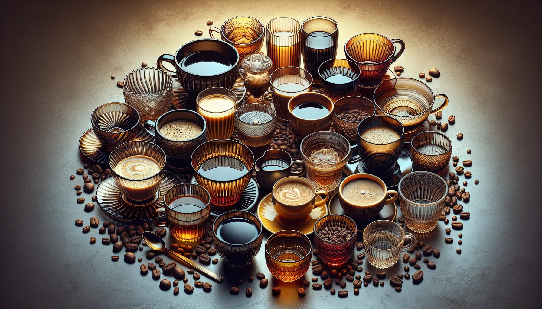 A collection of elegant glass coffee cups displayed with coffee beans on a soft surface.