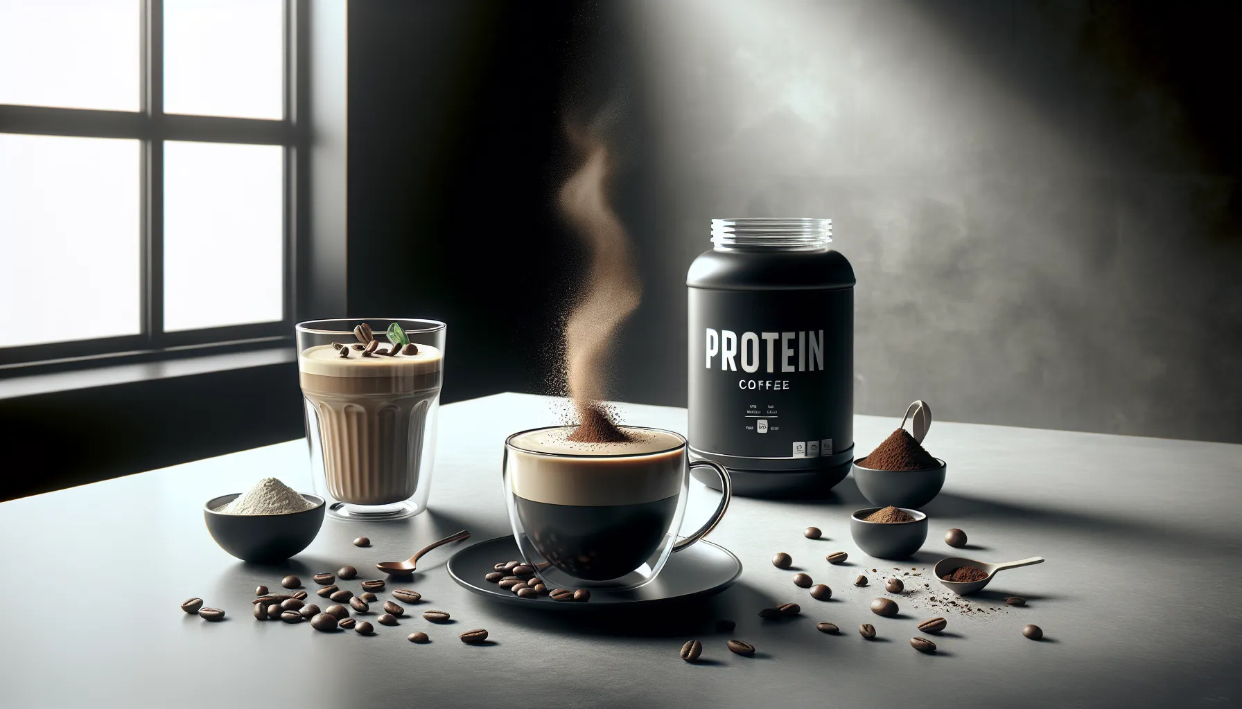 A glass of creamy iced coffee topped with coffee beans sits beside a steaming cup of black coffee in a transparent mug, both placed on a dark surface scattered with coffee beans and protein powder. A black container labeled 