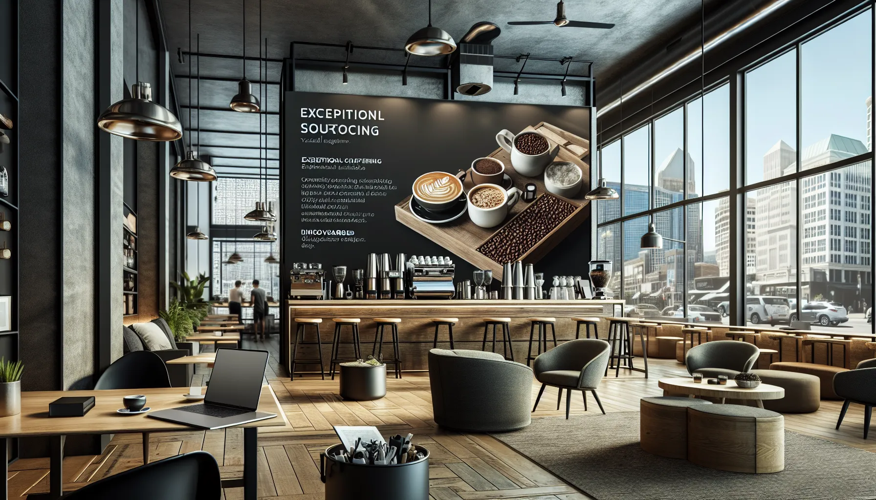 A modern coffee shop interior featuring large windows with city views, wooden furniture, and a contemporary design. A prominent wall displays the text 