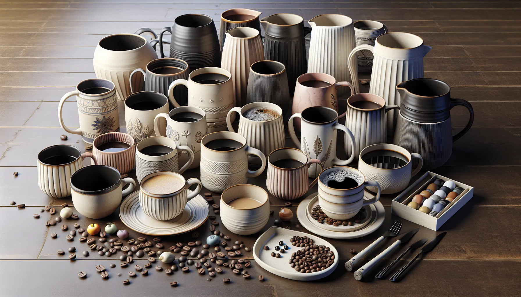 A collection of various ceramic mugs and pitchers in diverse shapes and designs, some filled with coffee, arranged artistically on a wooden surface. Scattered coffee beans and a small tray with assorted coffee pods can be seen in the foreground, along with utensils like forks and pens.