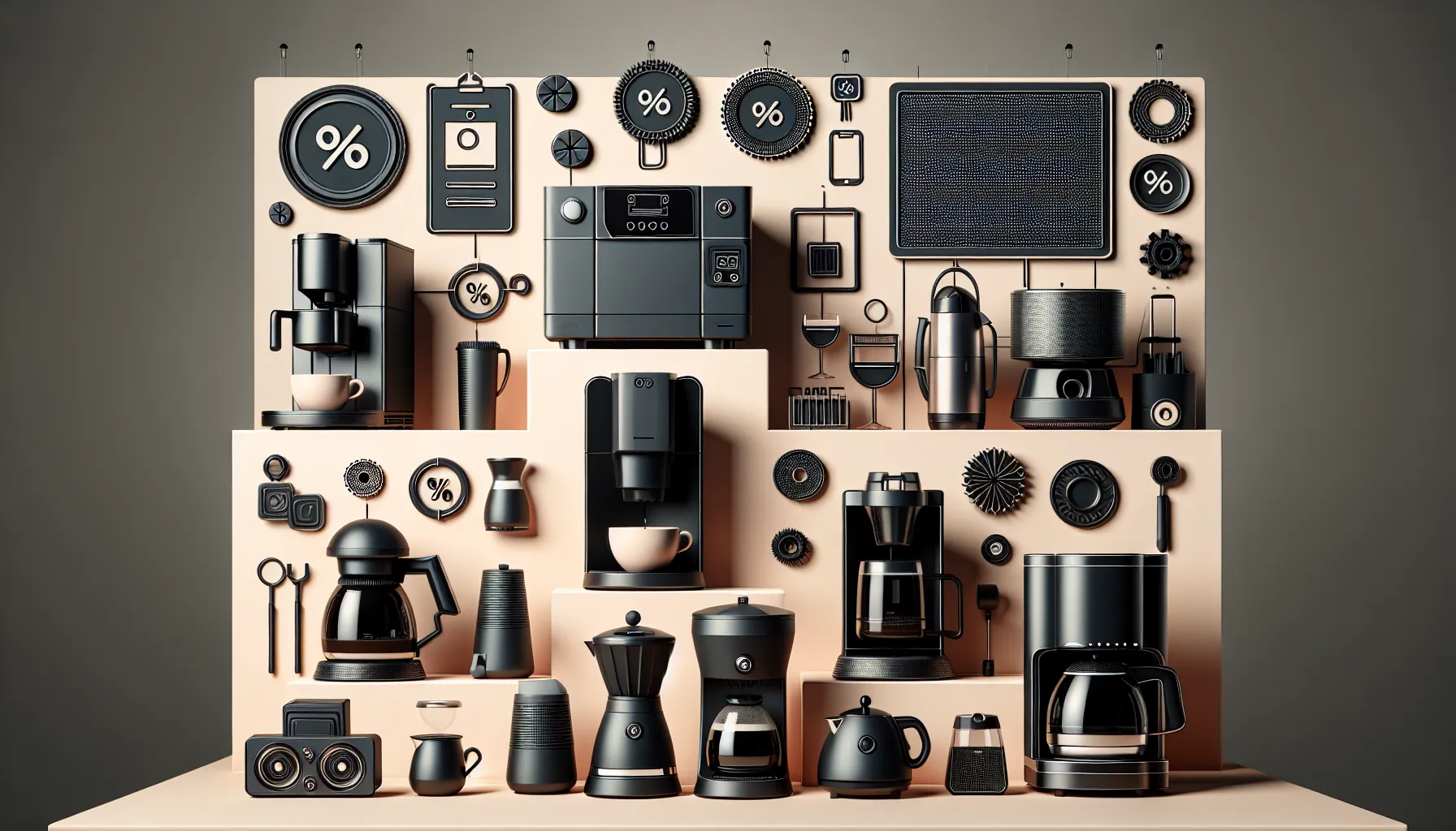 A visually appealing arrangement of various coffee-making equipment and accessories in black and neutral tones. The display includes espresso machines, coffee makers, grinders, mugs, and brewing tools, all artistically mounted on a light-colored backdrop, with some decorative elements like circular patterns and coffee-related icons.