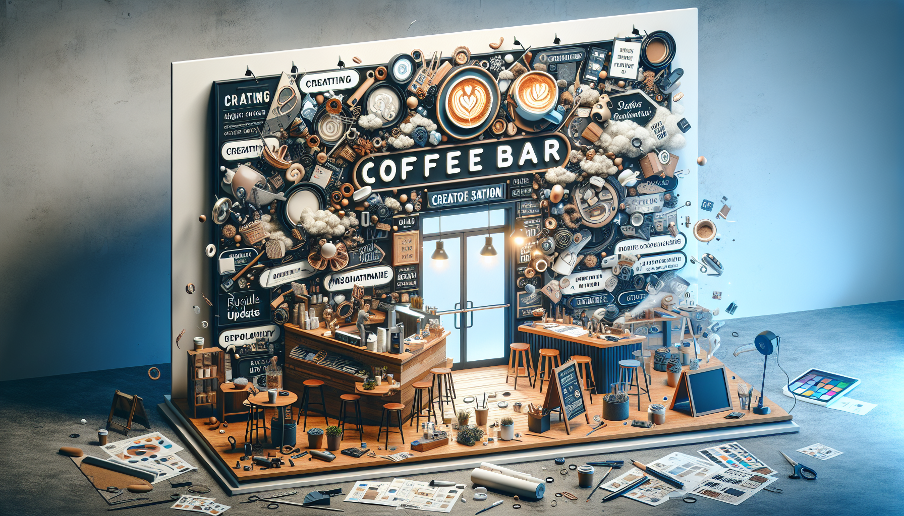 A trendy coffee bar scene with a stylish wooden counter, high stools, and an inviting entrance. The wall is adorned with various coffee-related decorations and signs, showcasing artistic coffee cups and crafting materials. Nearby, tables are scattered with art supplies, sketches, and design elements, creating a vibrant and creative atmosphere.