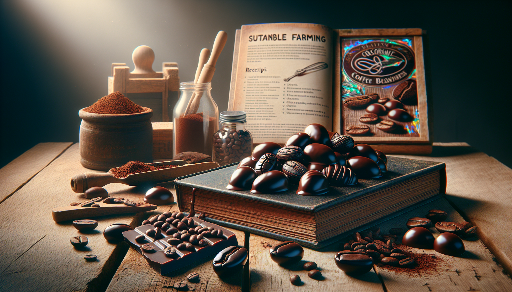 A wooden table displays an assortment of dark chocolate-covered coffee beans, with a stack of chocolate bars nearby. A jar of coffee beans and a bowl of cocoa powder sit alongside an open recipe book titled 