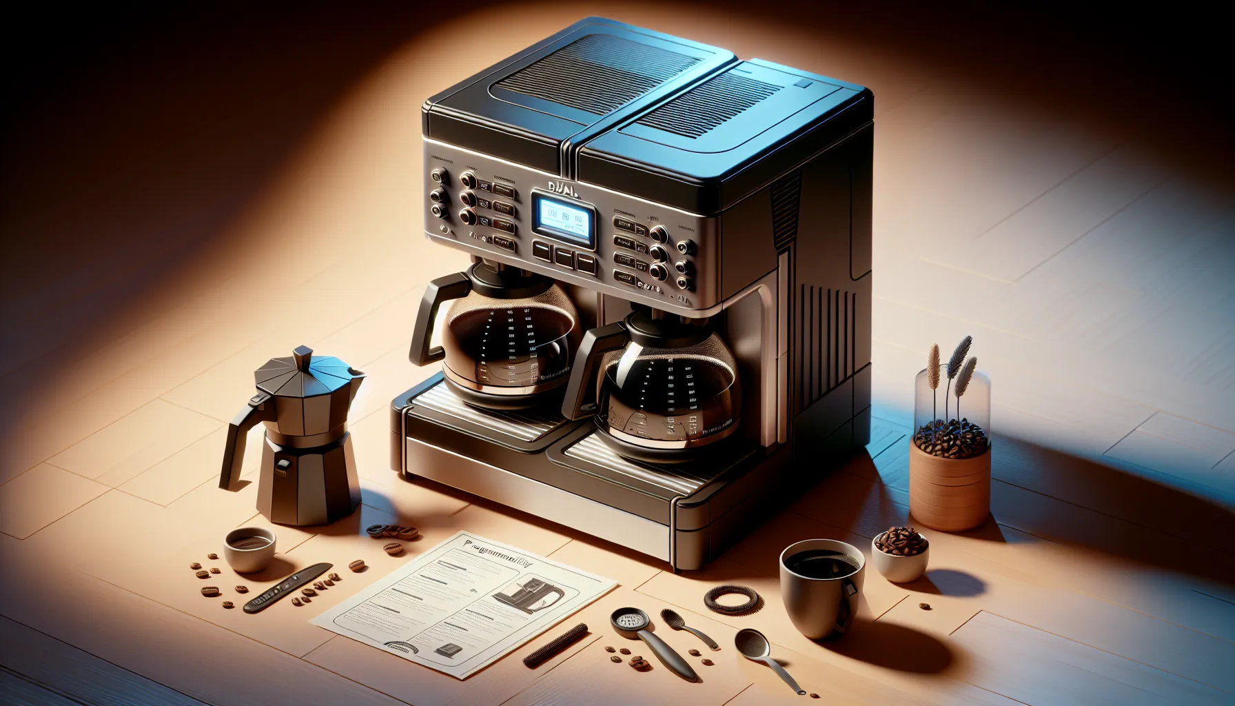 A sleek dual coffee maker sits on a wooden surface, surrounded by coffee accessories and beans.