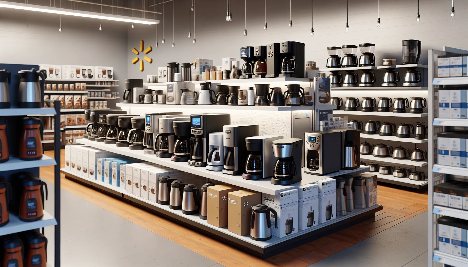 A well-organized display in a retail store showcasing a variety of coffee makers and carafes on shelves. The products are arranged in rows, with clear packaging, and the store features modern lighting.